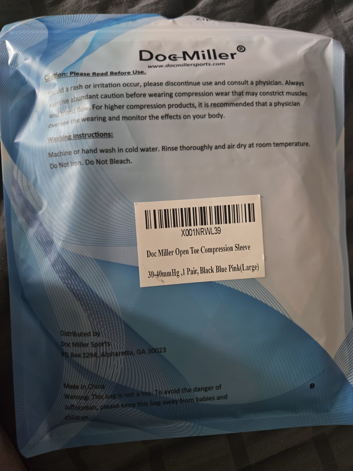 Doc Miller Open Toe Compression Socks 30-40mm, 1pr Black W/Blue And Pink Large