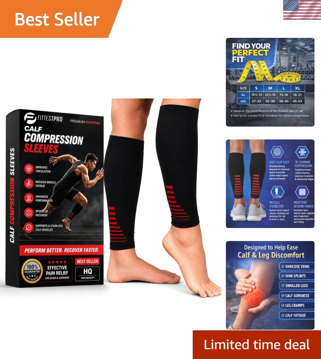 Calf Compression Sleeves for Shin Splint Relief – Large, Black