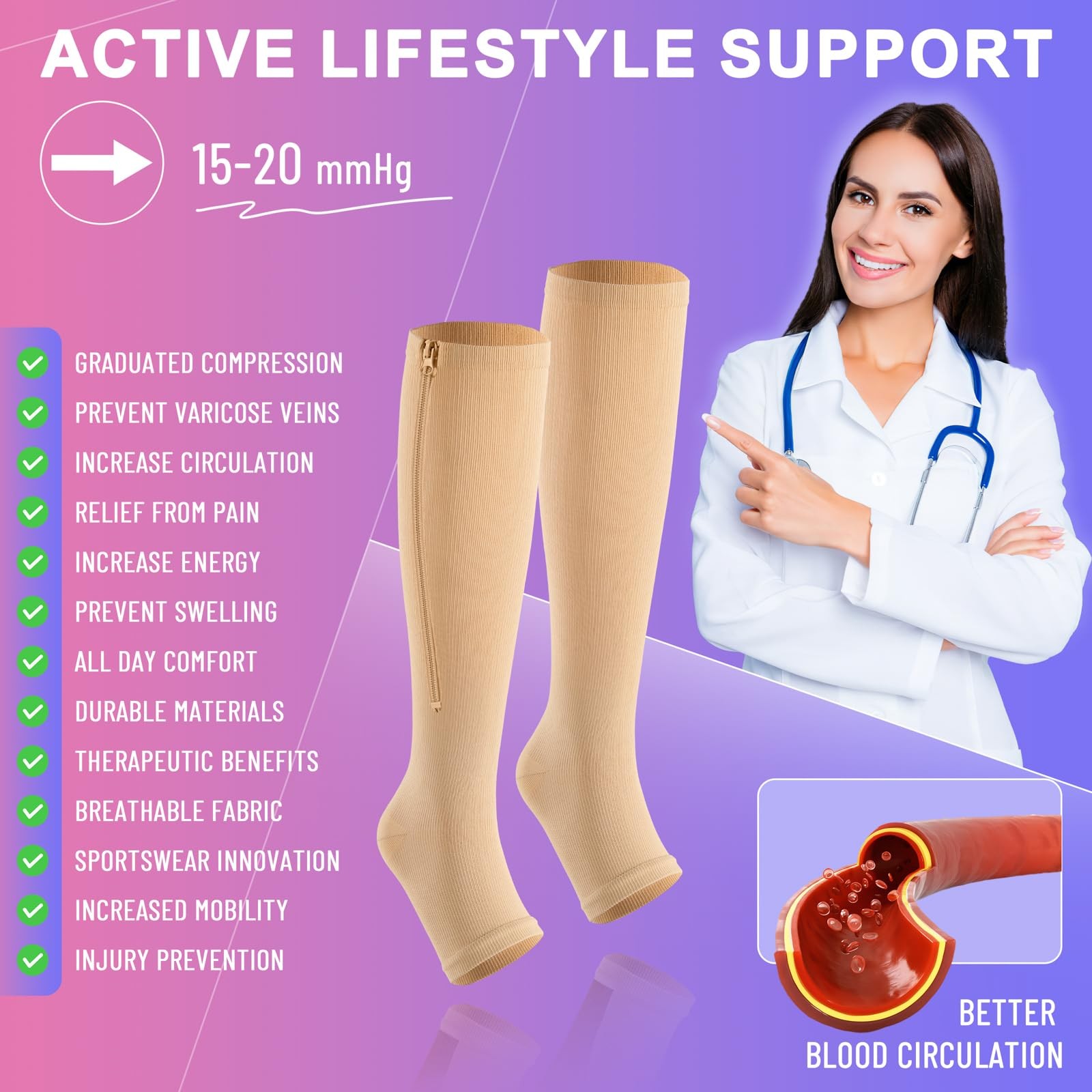 Zipper Compression Socks – 2 Pairs Open Toe Compression Stockings for Men Wom…