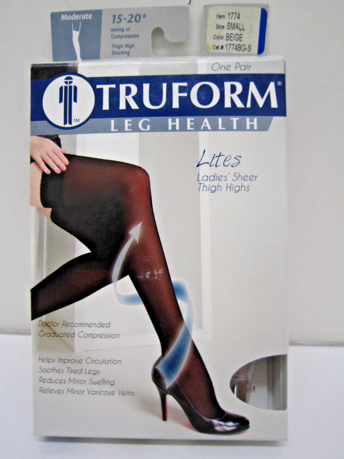 TRUFORM LEG HEALTH LITES SHEER THIGH HIGH STOCKINGS Size Small Beige 15-20 mmhg