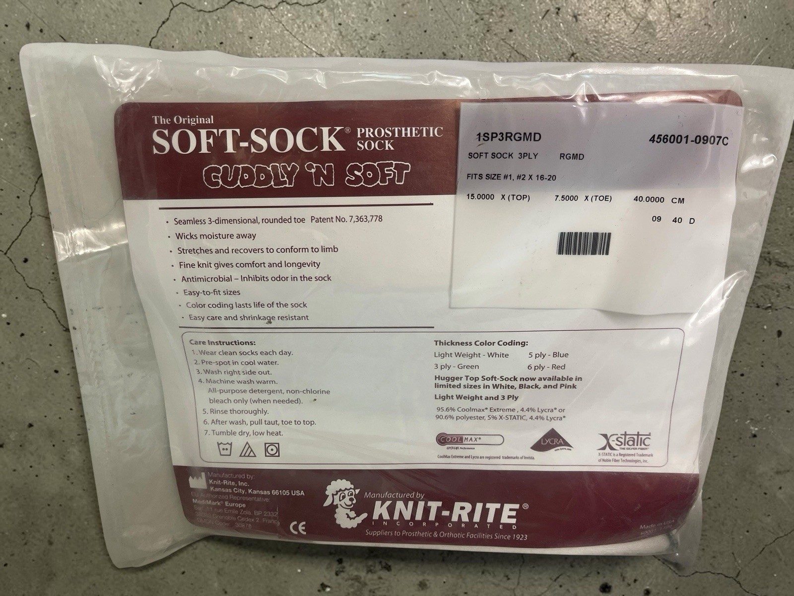 Knit-Rite Prosthetic Soft-Sock Fits 1,2 16-20” 1SP3RGMD 3-ply No Hole Reg Med