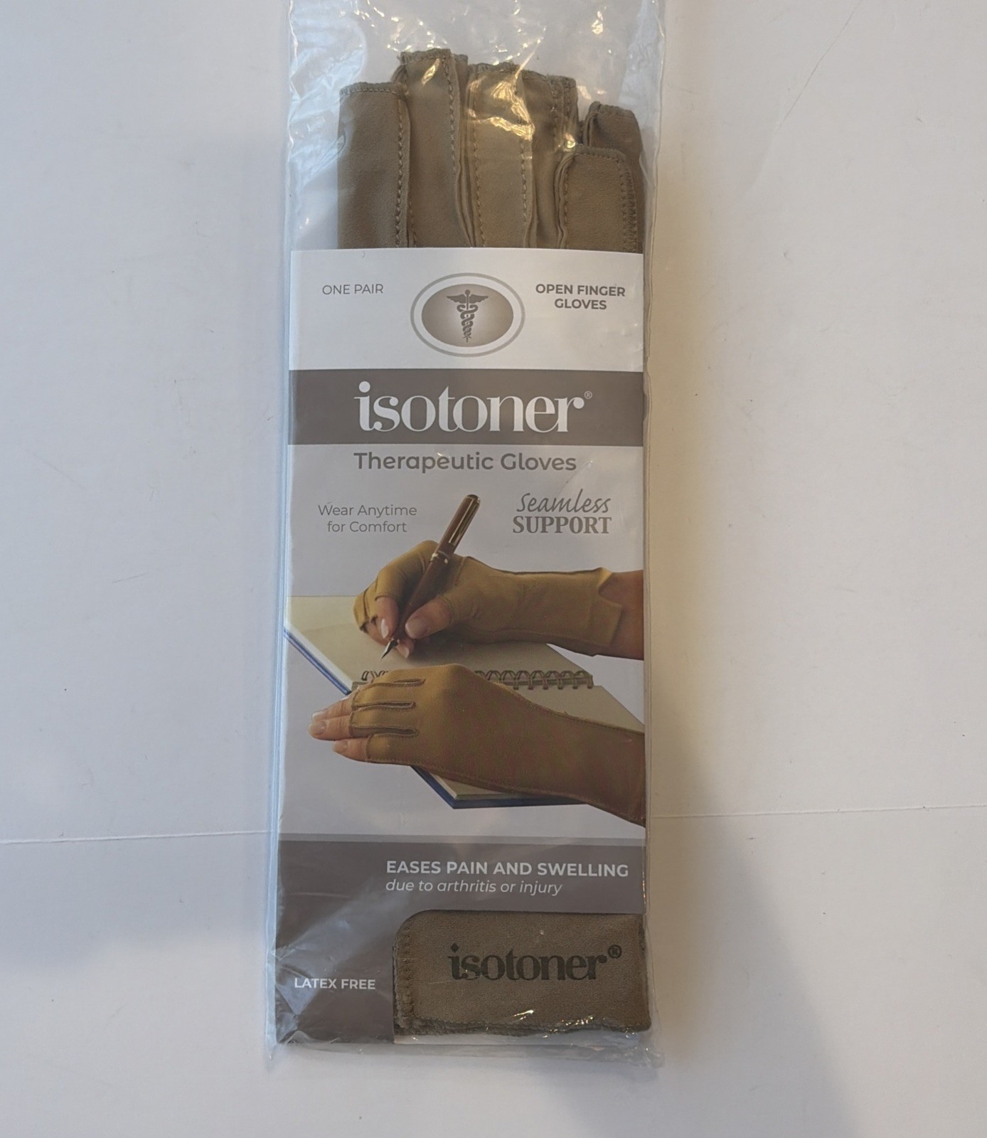 Isotoner Therapeutic Gloves Open Finger Camel Size Large Compression Pain Relief