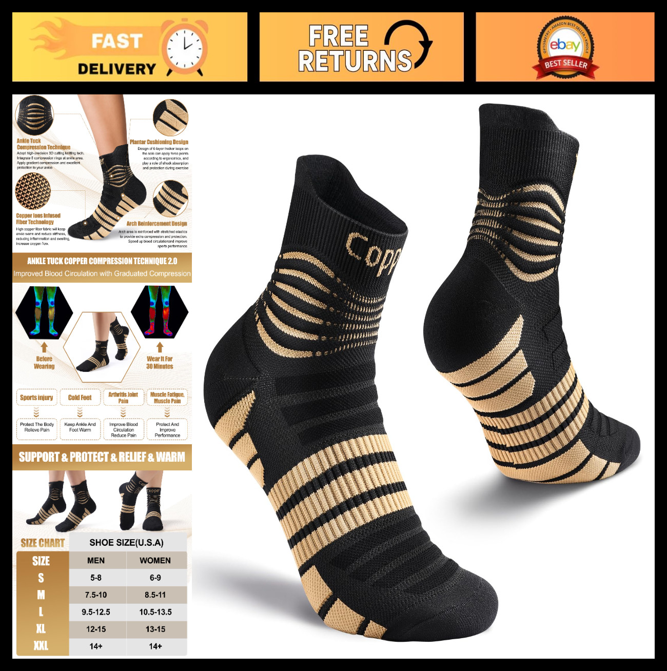 Compression Socks 20-30 mmHg for Men & Women | Copper Infused, Pain Relief, Trav