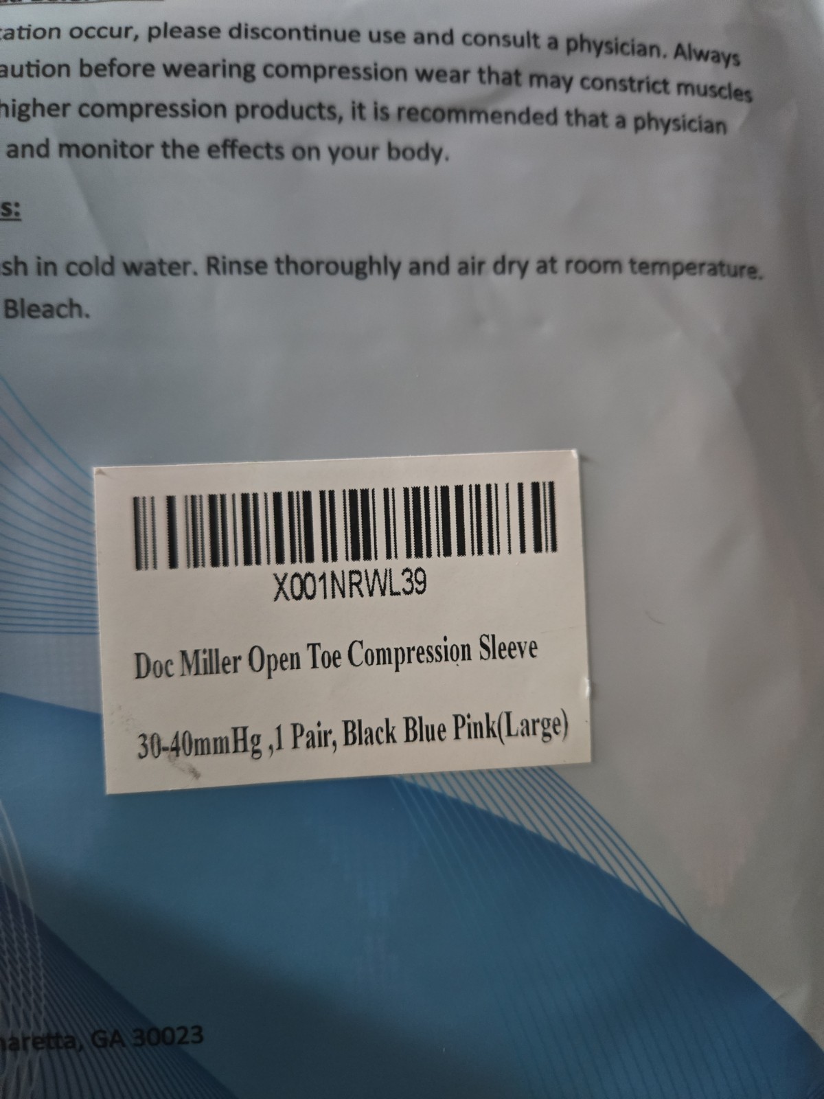 Doc Miller Open Toe Compression Socks 30-40mm, 1pr Black W/Blue And Pink Large