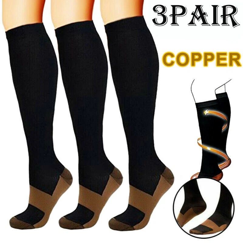 3Pair Copper Compression Socks 15-20mmHg Fit Support Men Women Workout Stockings