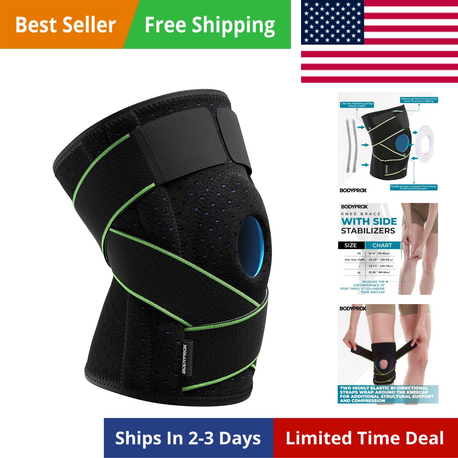 Knee Brace with Side Stabilizers & Patella Gel Pads for Knee Support