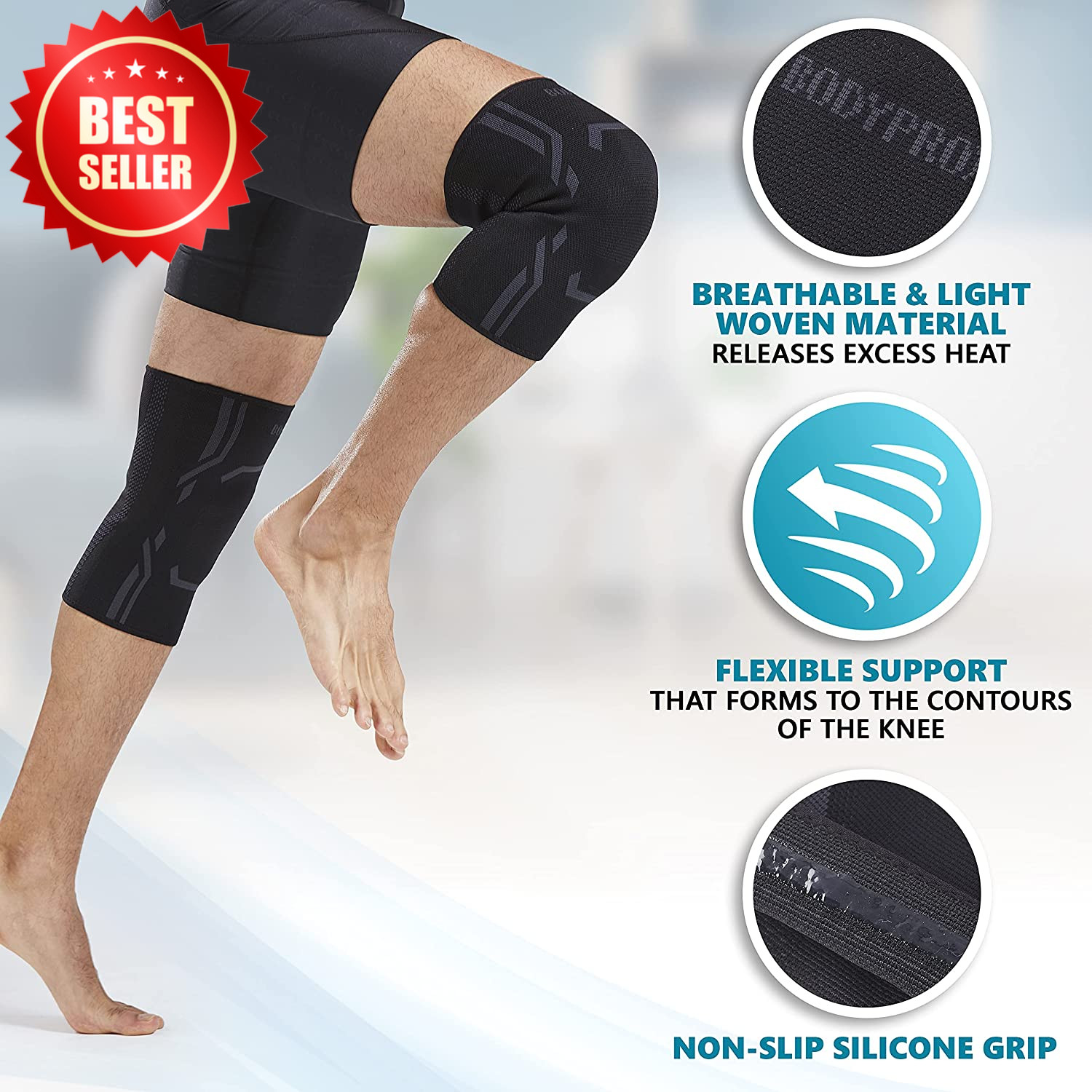 Knee Support Brace 2-Pack Compression Sleeve Men Women Running Work Out