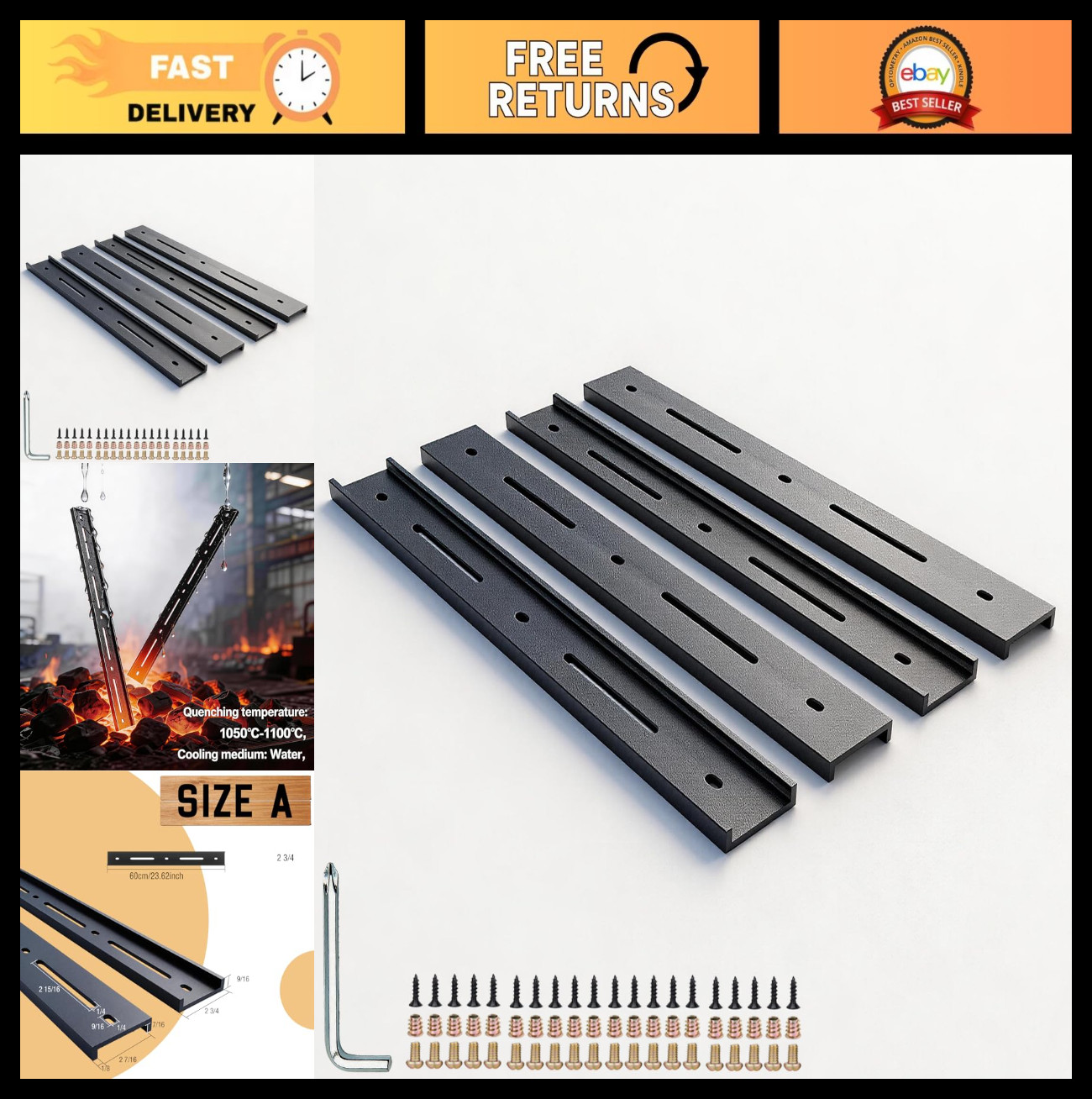 C Channel Steel Support Bracket for Table Top, Black, 4 Pack, 24 Inch