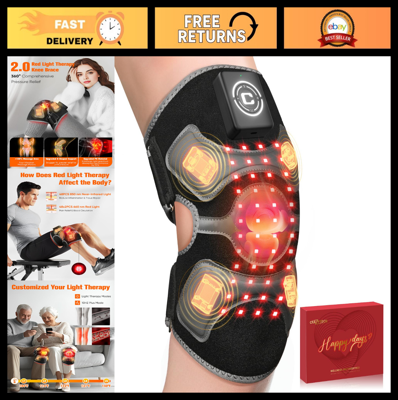 Cordless Red Light Therapy Knee Brace & Vibration Massager, Infrared Heating Pad