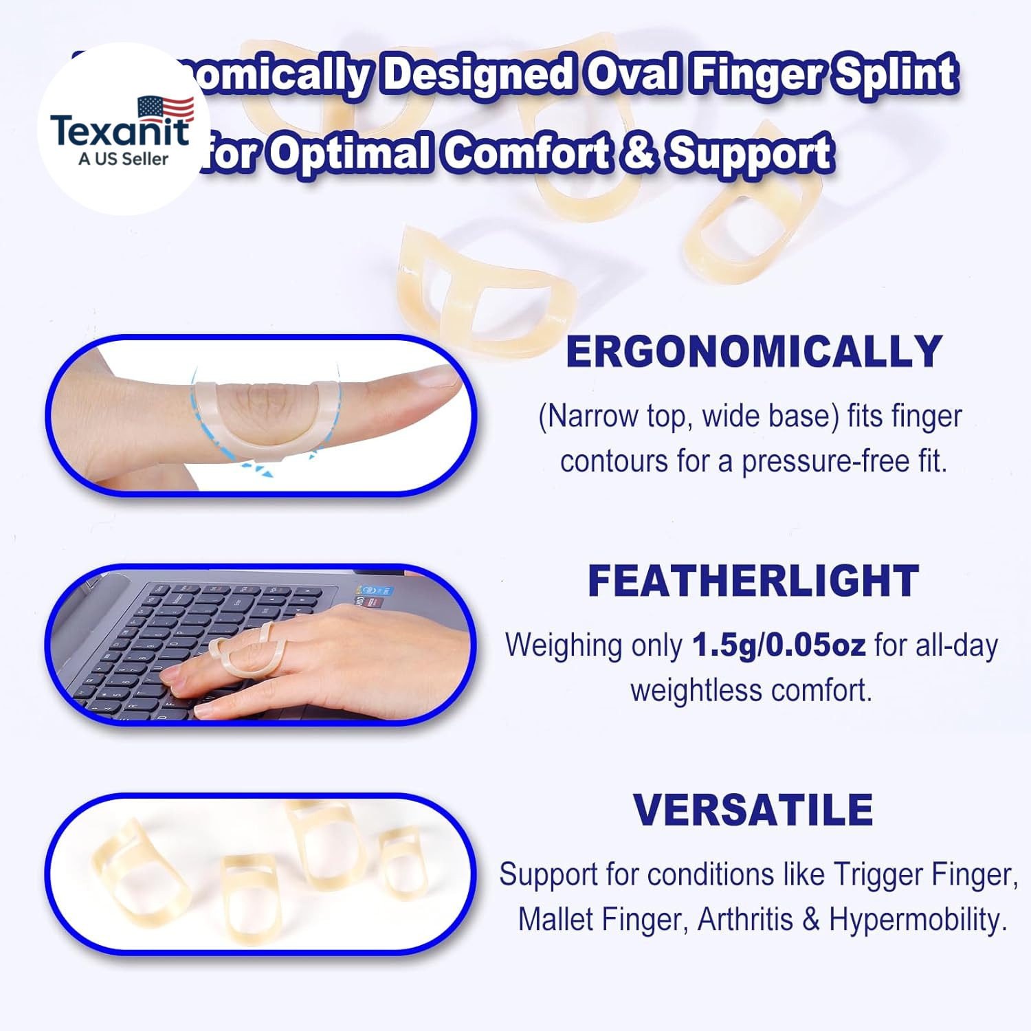 10Pcs Oval Finger Splints & Sleeves Kit, 6 Graduated Trigger Finger Splint & 4 F