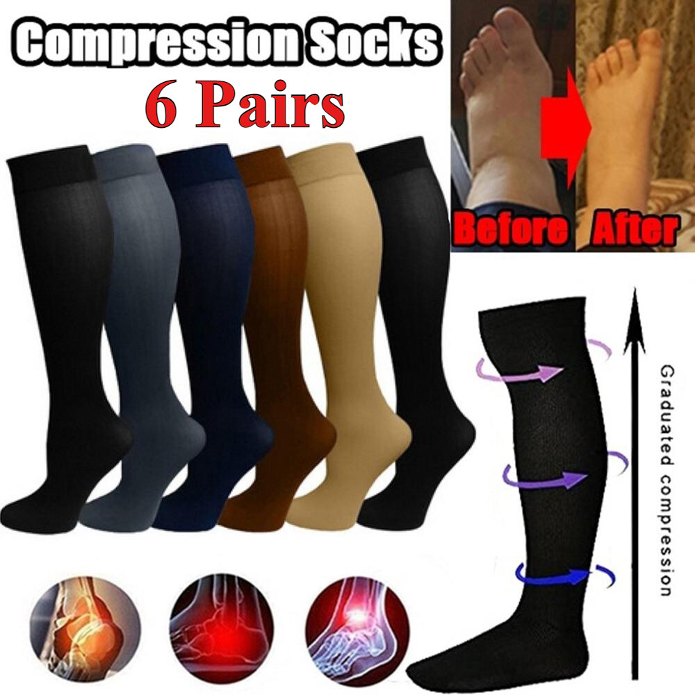 6 Pairs Compression 15-20mmHg Graduated Support Socks Calf Mens Womens S/M/L/XL