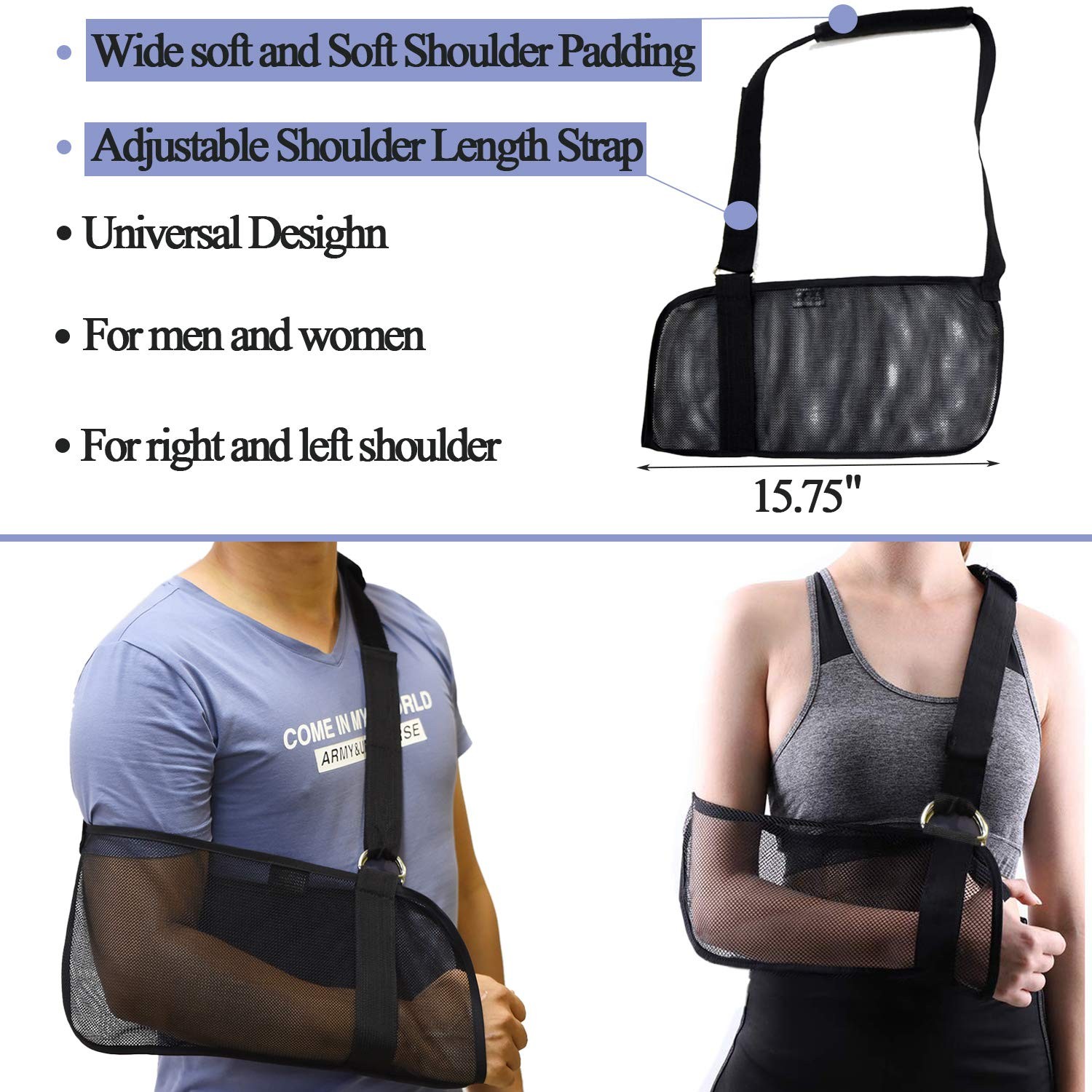 Black Breathable Mesh Arm Sling for Shower Adjustable for Rotator Cuff Injury