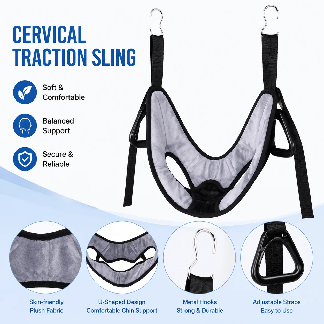 Cervical Traction Sling Neck Traction Harness with Metal Hooks Pull Rings