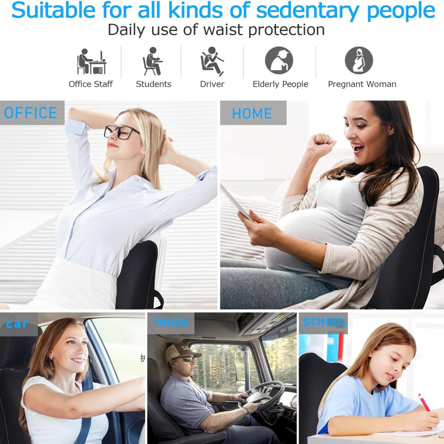 HBN Lumbar Support Pillow For Chair/Car Seat, Memory Foam Back Cushion for Back