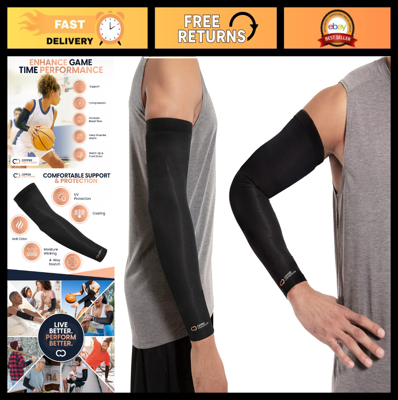 Copper Infused Compression Arm Sleeve – Full Arm Brace for Elbow Pain Relief, Sp