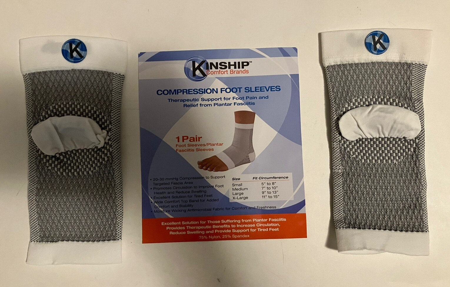 Kinship Compression Foot Sleeves Plantar Fasciitis White Medium 1 Pair Open Box