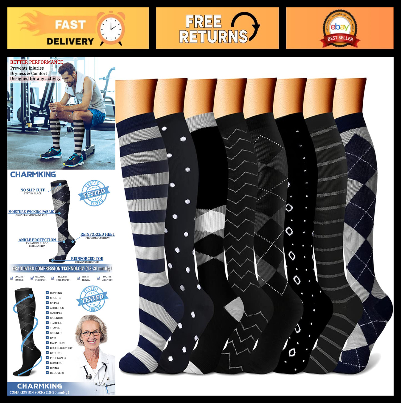 Compression Socks for Men & Women – 15-20 mmHg Circulation Support (8 Pairs) Ath