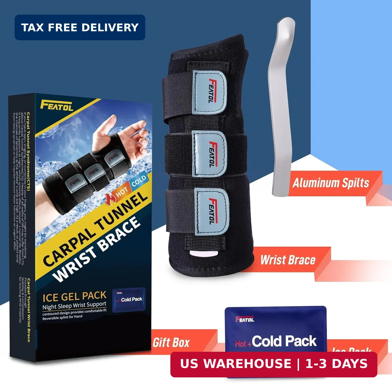 FEATOL Wrist Brace Carpal Tunnel, Night Support Brace with Wrist Splint, Adjusta