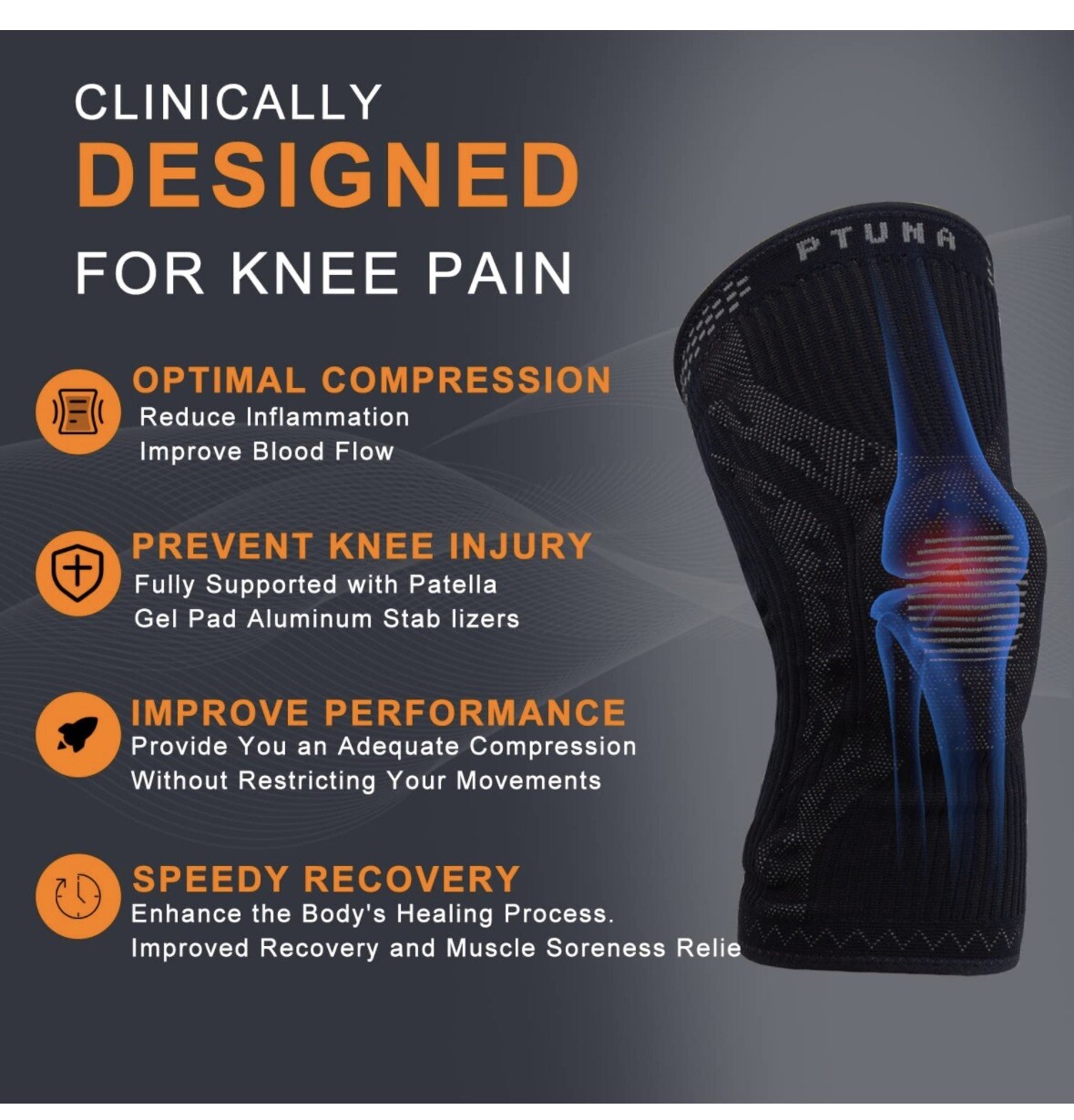 Knee Braces for Knee Pain, PTUNA Compression Knee Sleeve with Patella Gel Pad L