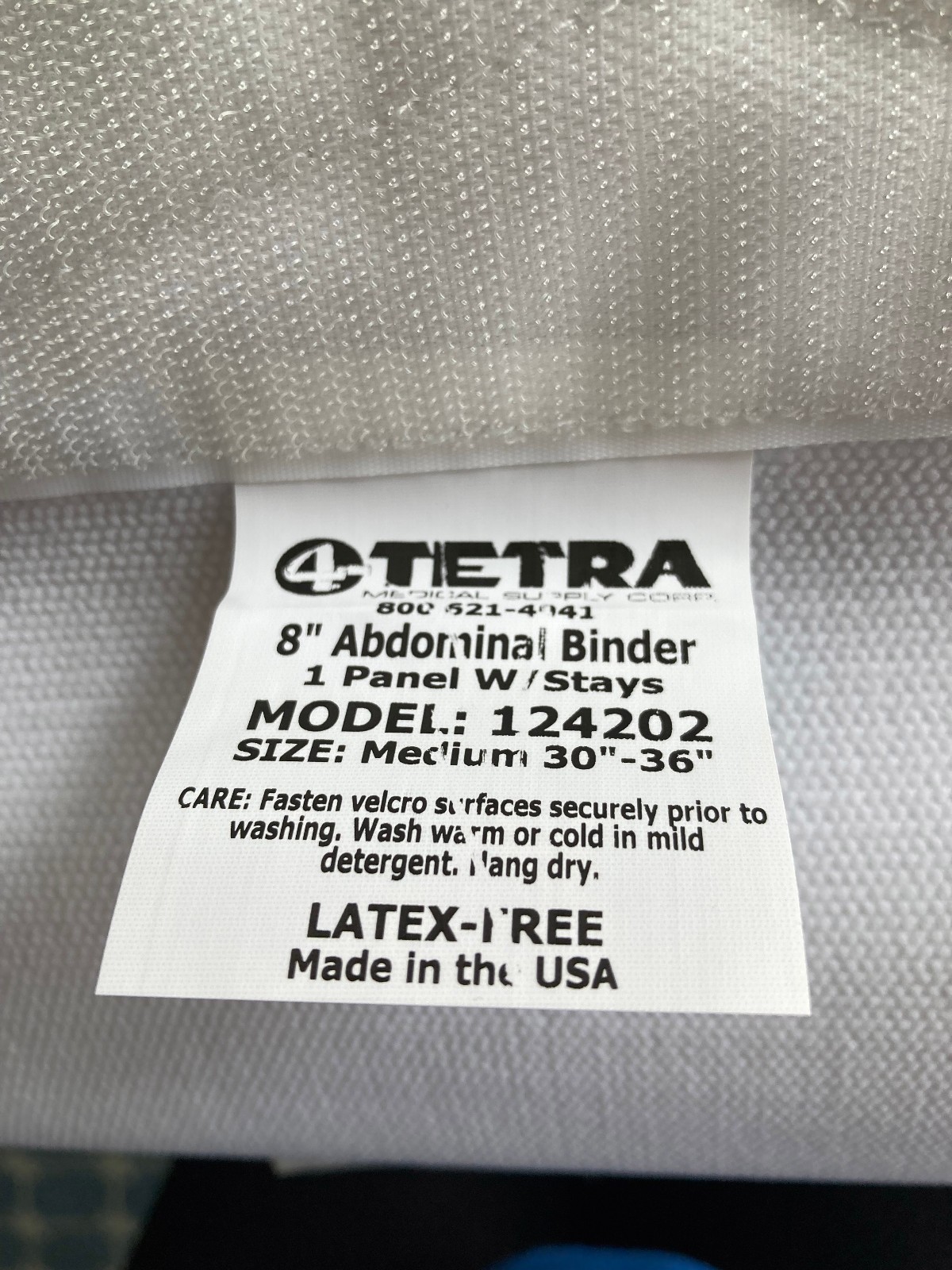 TETRA Abdominal Binder 8” Plush Single Panel w/Stays, Part #124202, Sz M 30-36