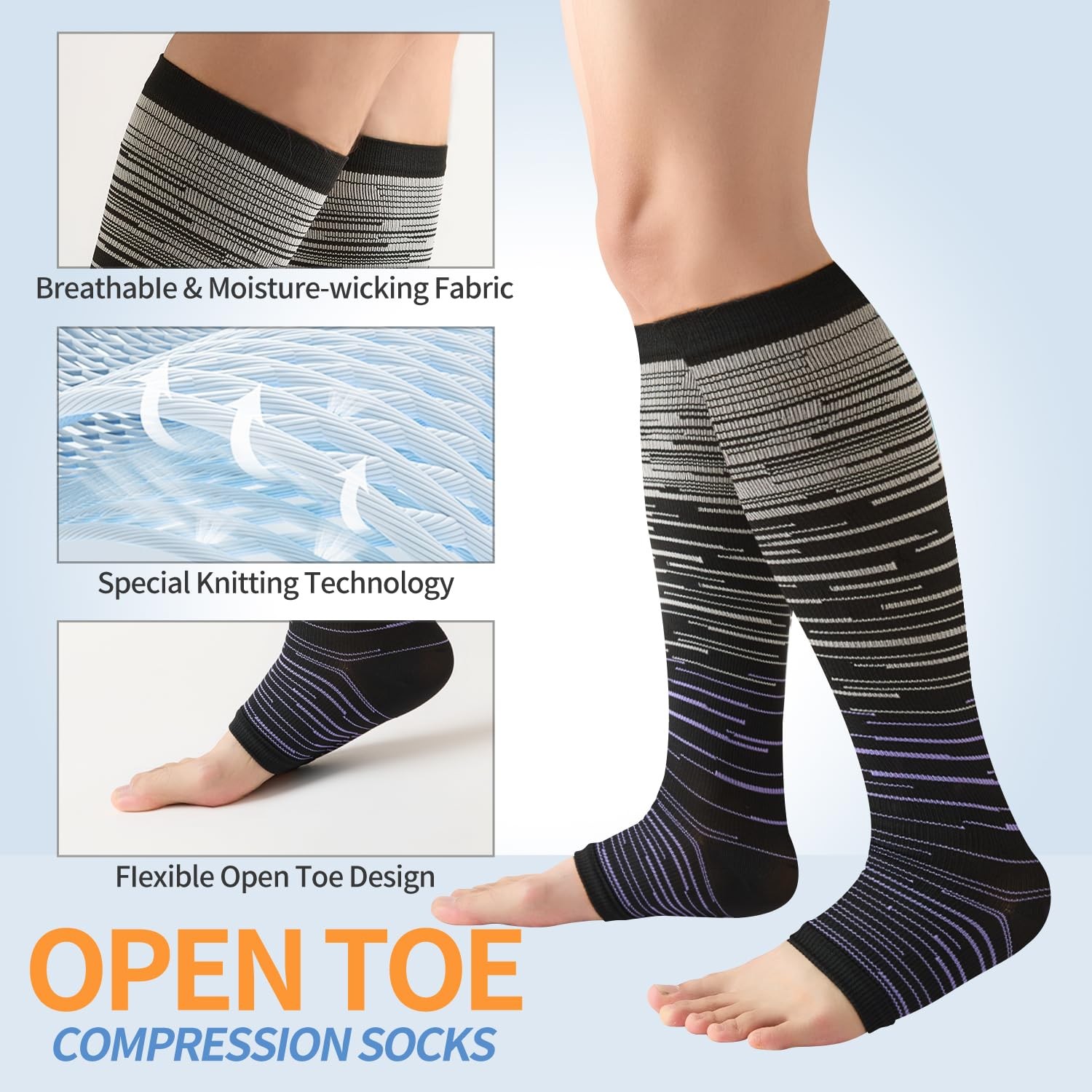 3 Pairs Open Toe Compression Socks for Men & Women – 15-20 mmhg Knee High Sto…