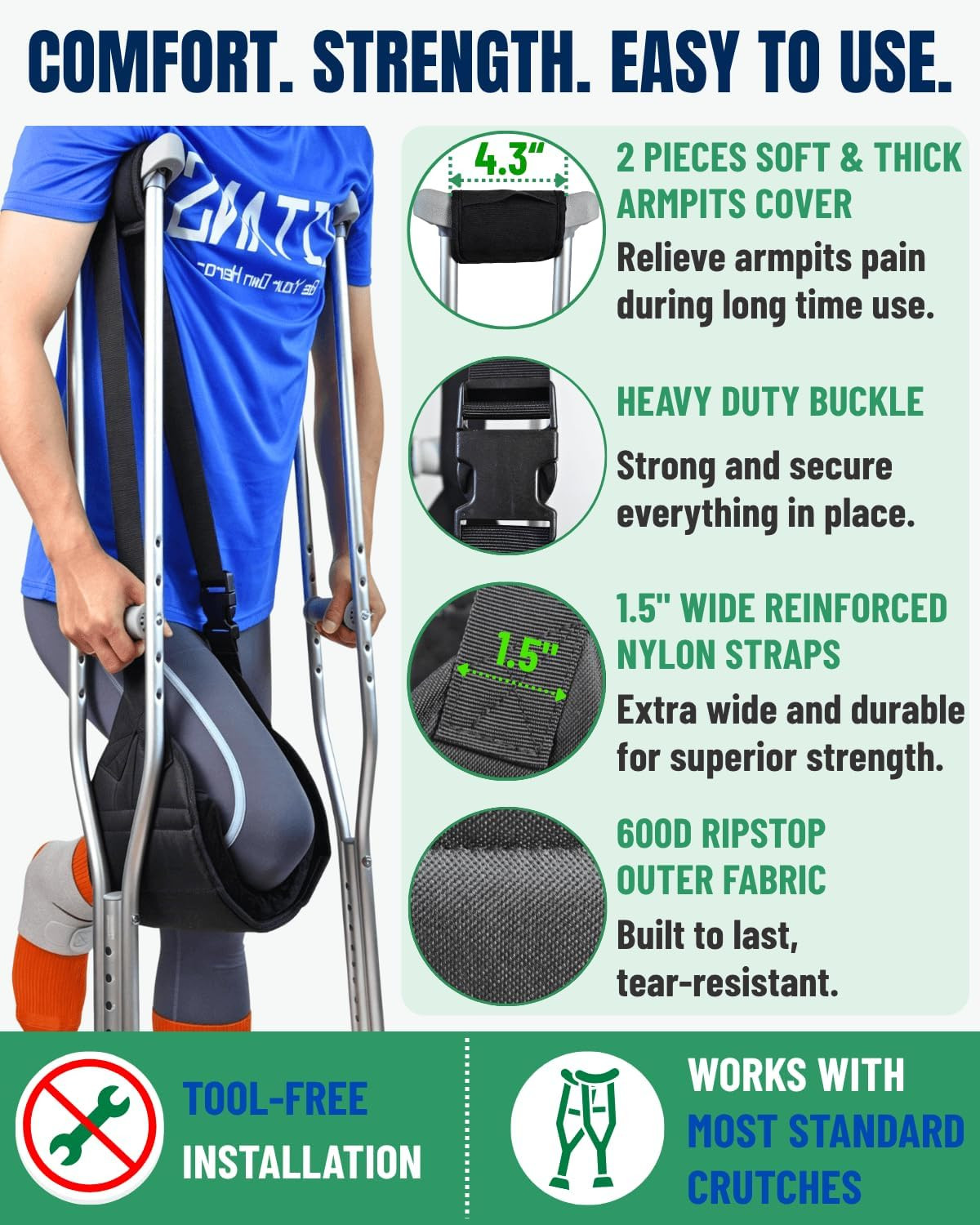 Crutches Knee Support, Adjustable Crutch Knee Sling with Pads for Surgery Recove