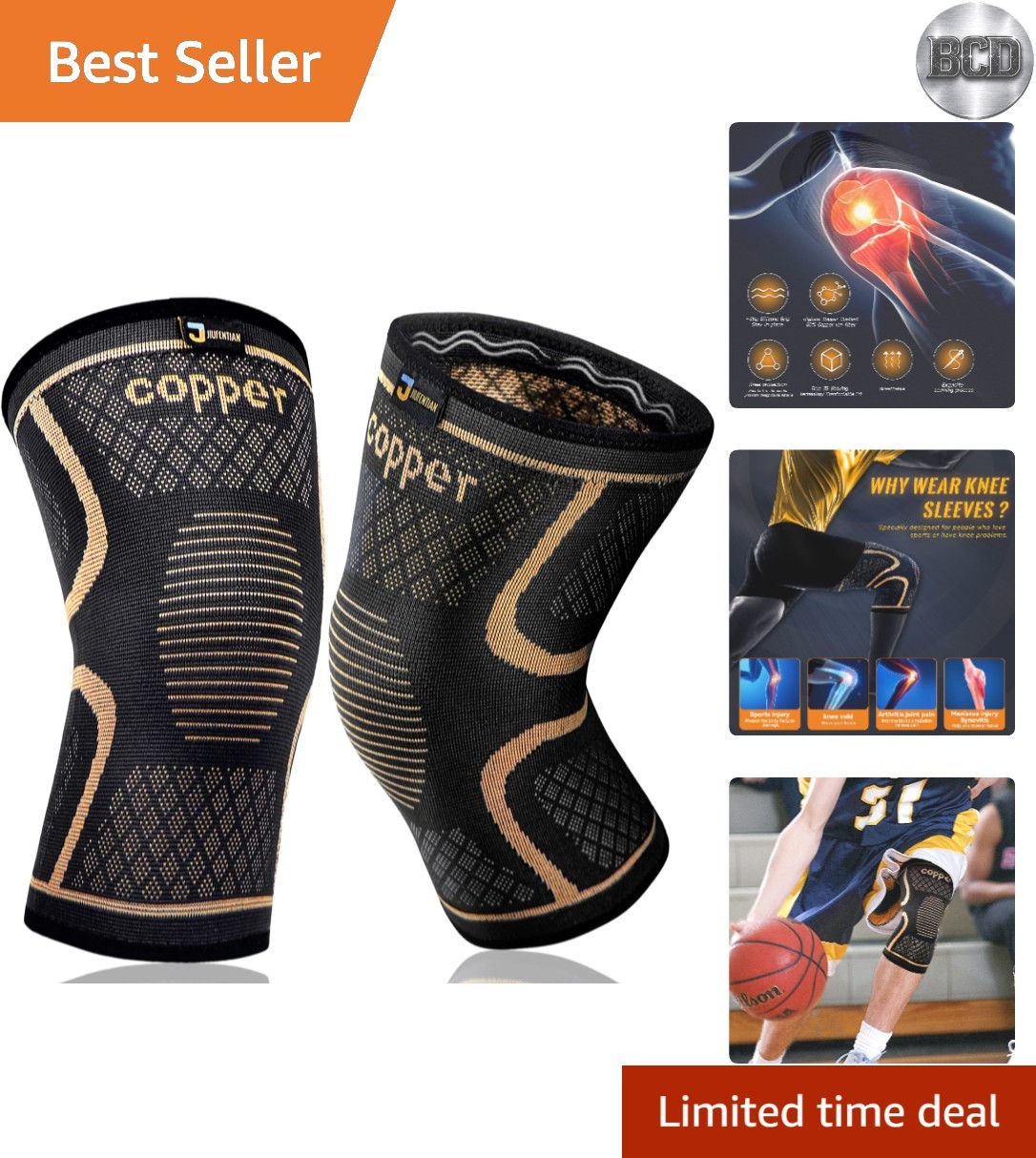 Copper Compression Knee Sleeves for Arthritis Relief – Large 2 Pack for Sports