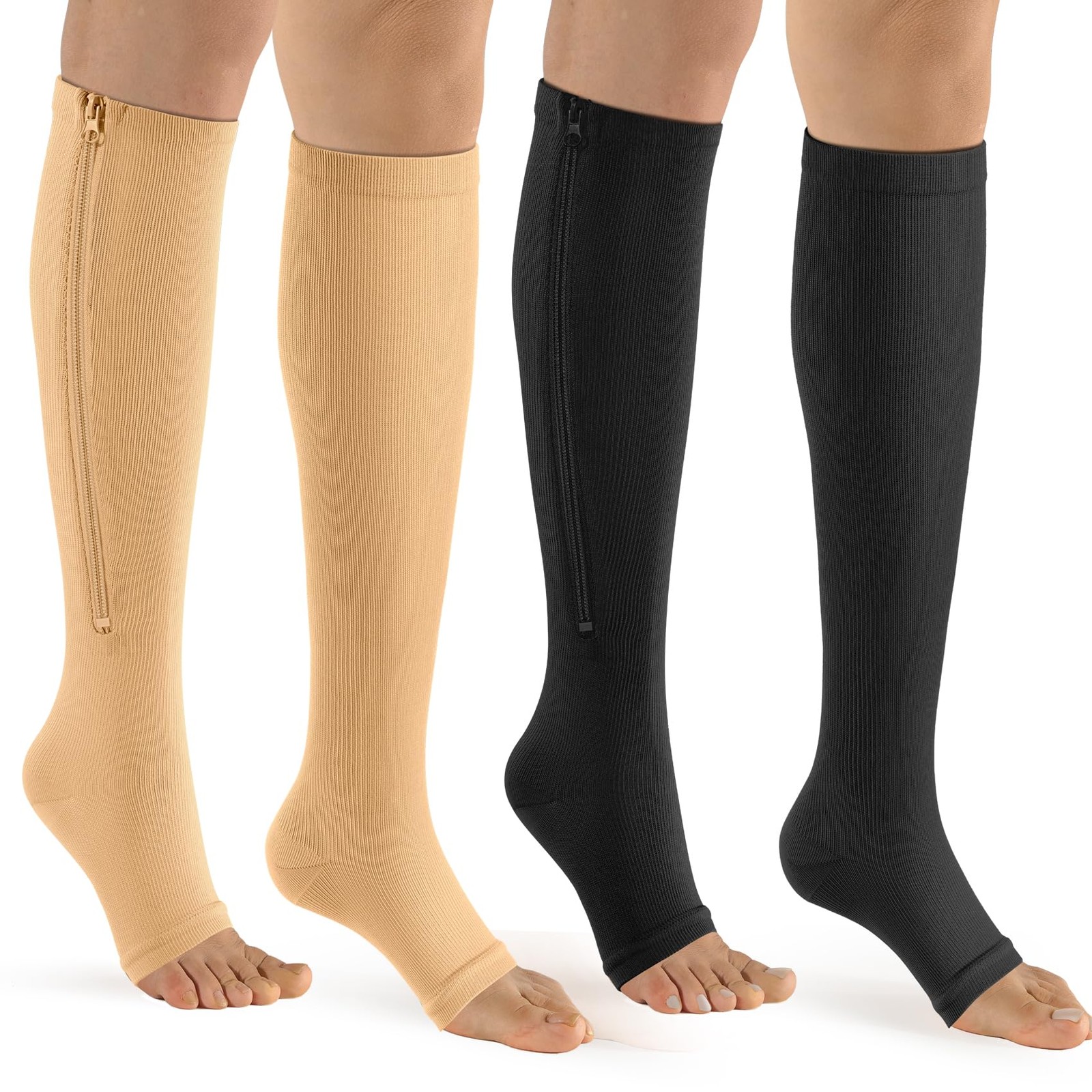 Zipper Open Toe Compression Socks for Women Men 2 Pairs Knee high 15-20 mmHg …