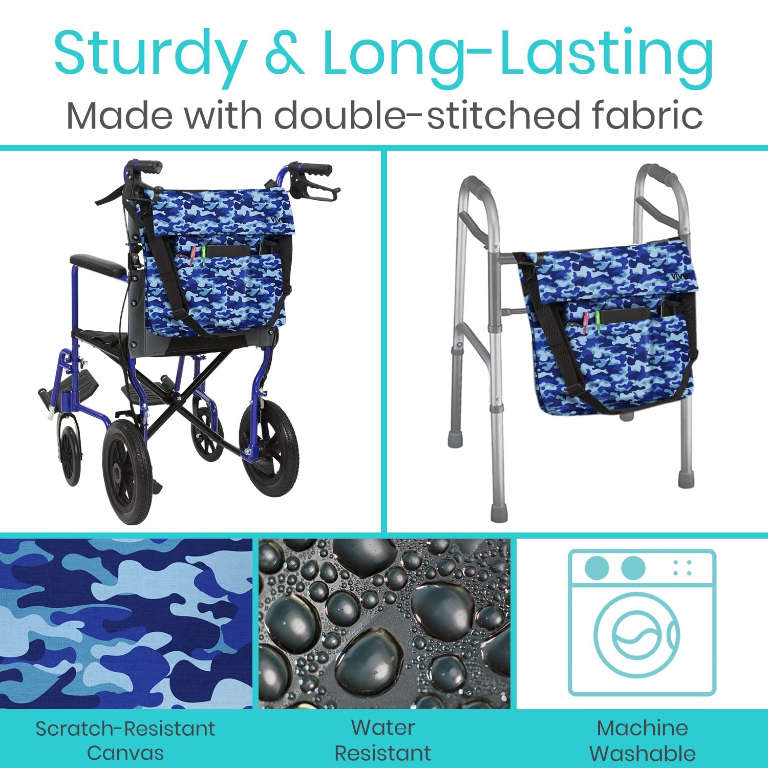 Vive XL Wheelchair Accessories Bag – Waterproof, Extra Large (XL), Blue Camo
