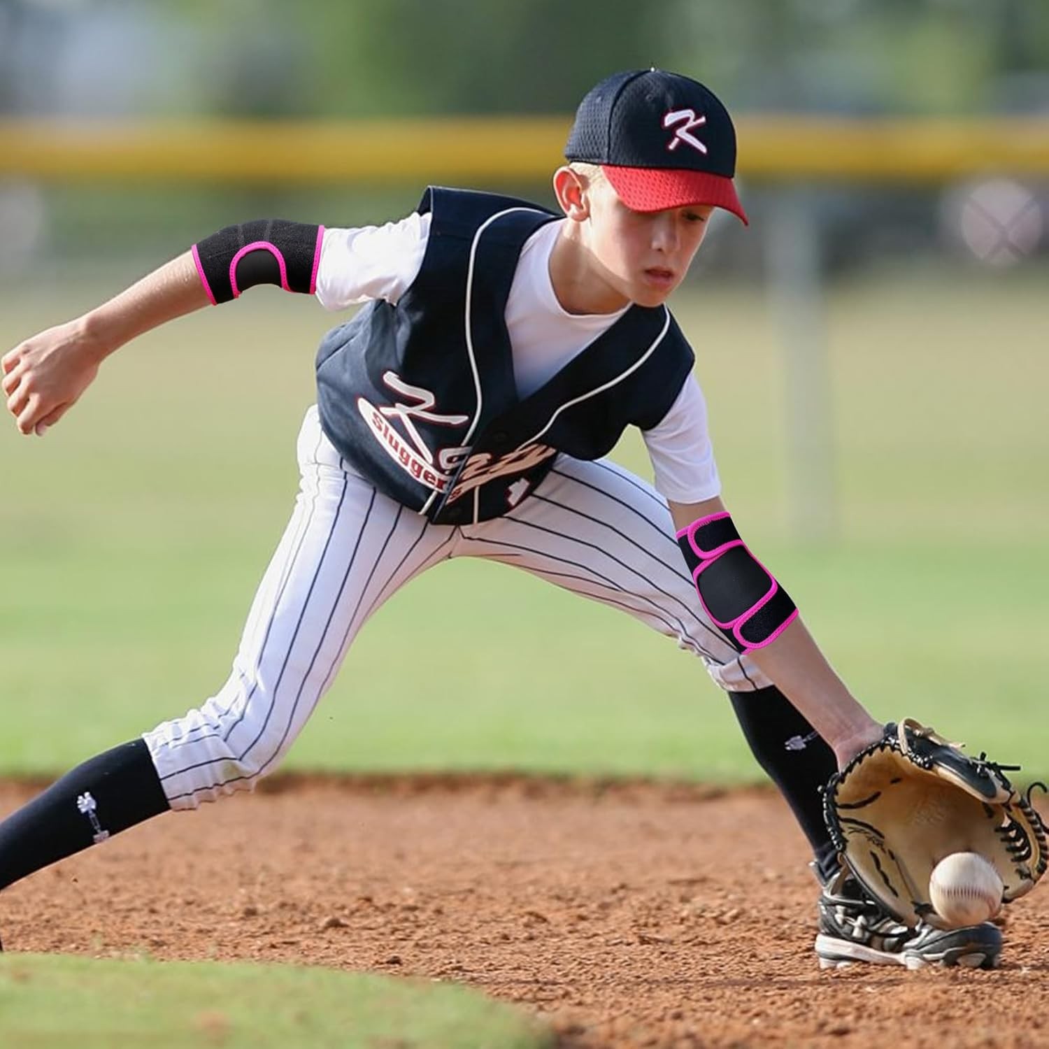 Kids Elbow Brace Arm Sleeve, Adjustable Sport Small, Black-Pink(elbow pads)