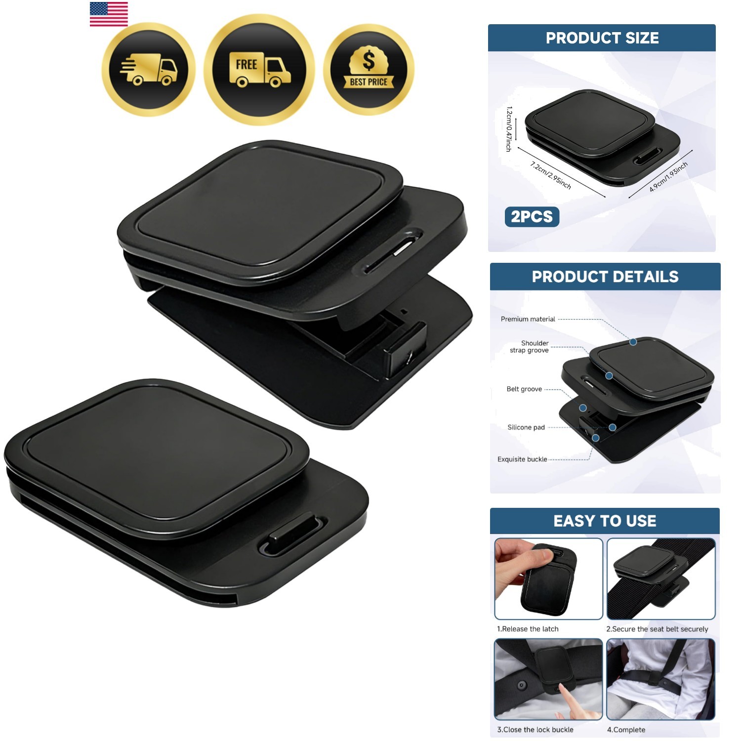 Shoulder Belt Clips, 2 Pack Anti-Slip Shoulder Clips for Comfort Drive