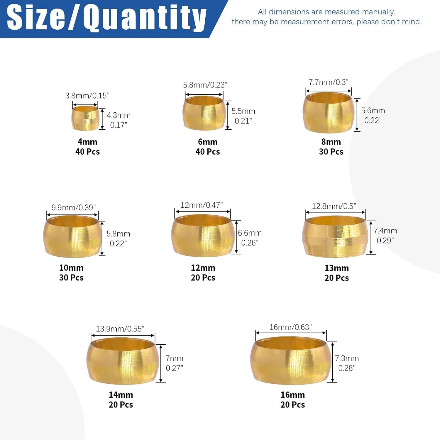 220Pcs Metric Brass Compression Ferrules – Ideal for 4mm to 16mm Tubing Systems