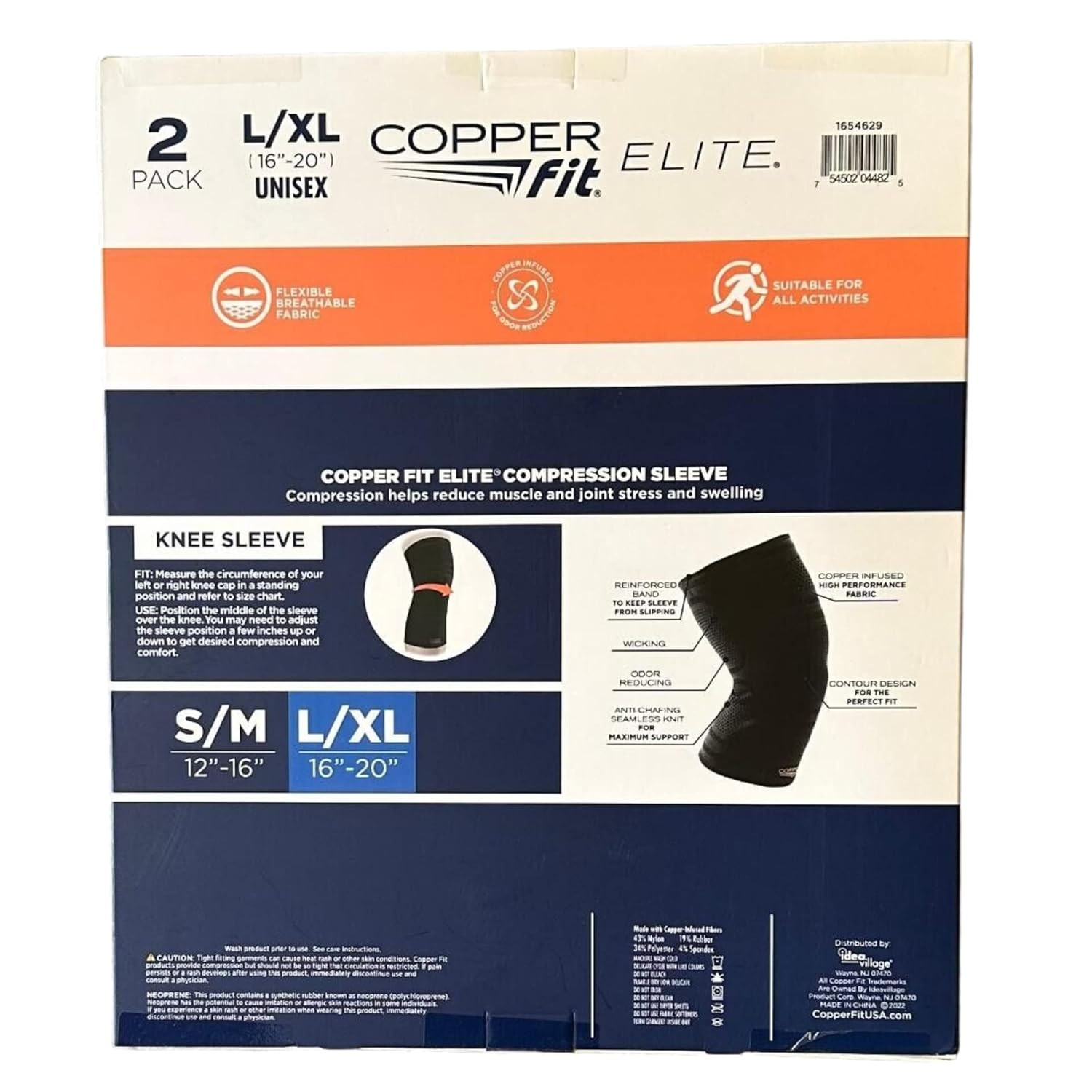 Elite Knee Compression Sleeve Knee Brace 2-Pack, Black (Large/X-Large, 16”-2…