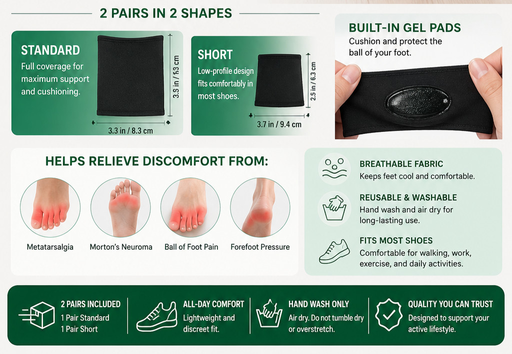 Metatarsal Sleeves w/ Gel Pads 2 Pairs Foot Pain Relief Black S