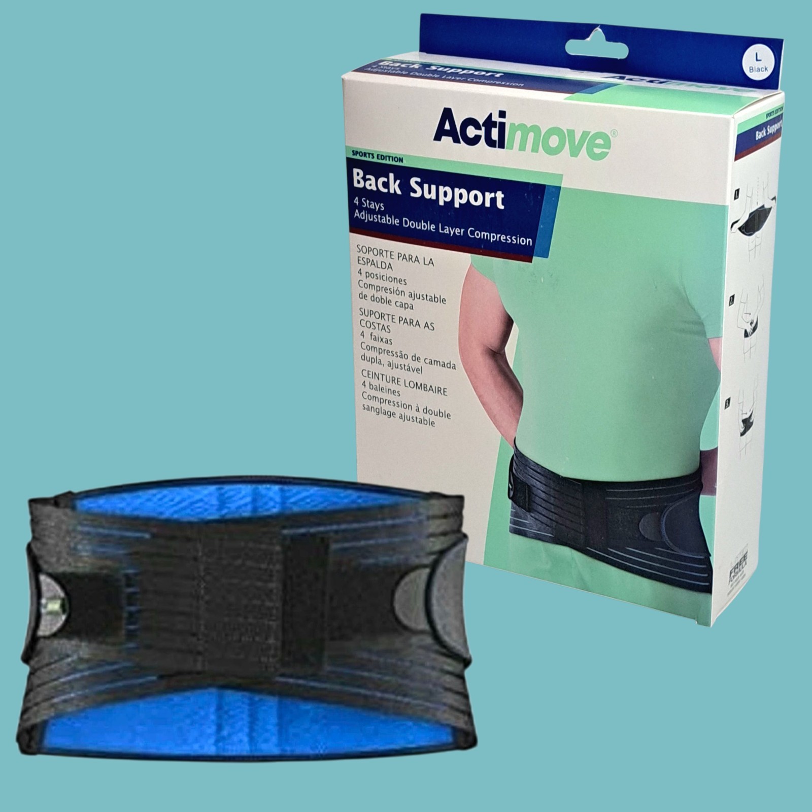 Actimove Back Support Brace 4 Stays Adjustable Compression Black New