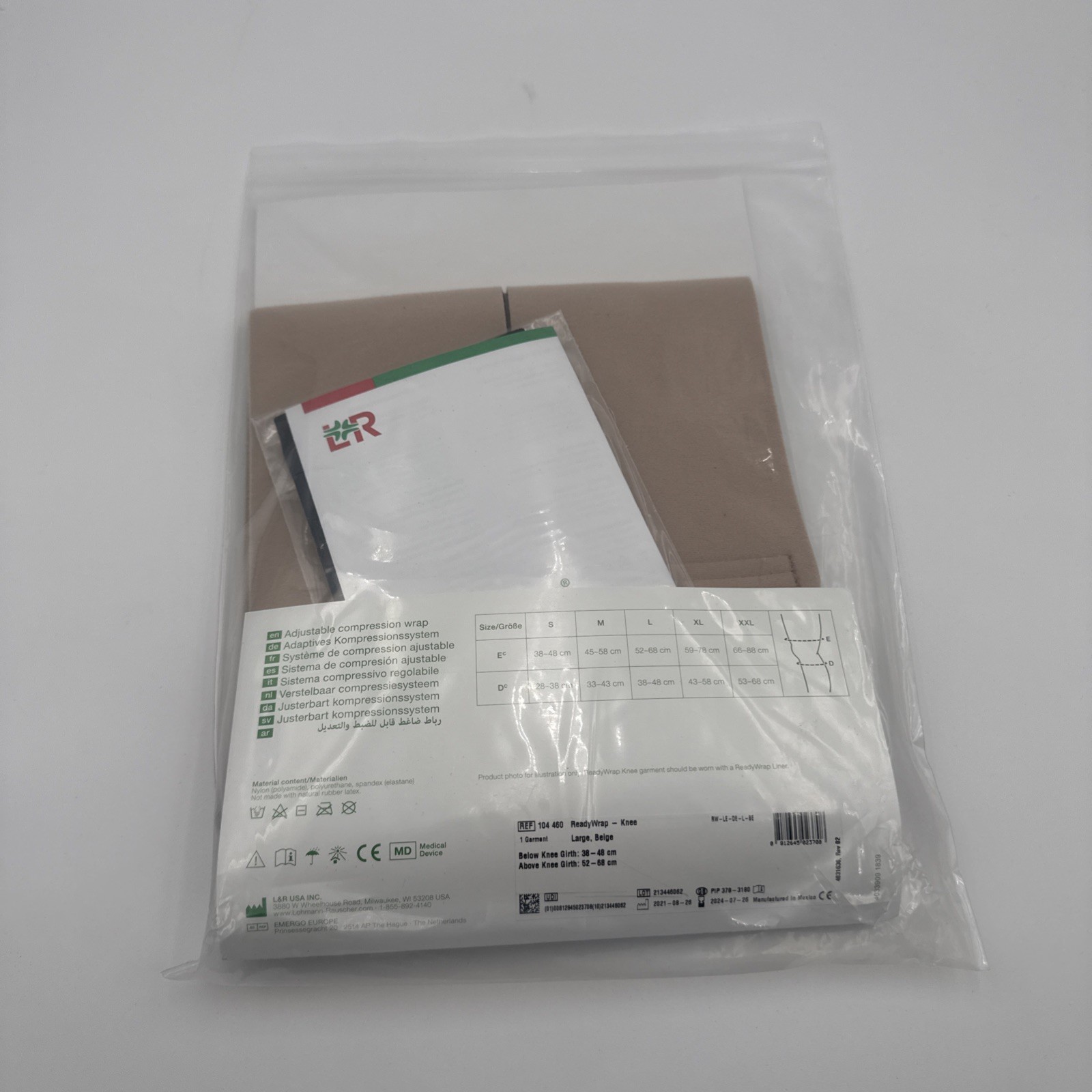 L & R Ready Wrap Knee Adjustable Compression Wrap Large Beige -NEW