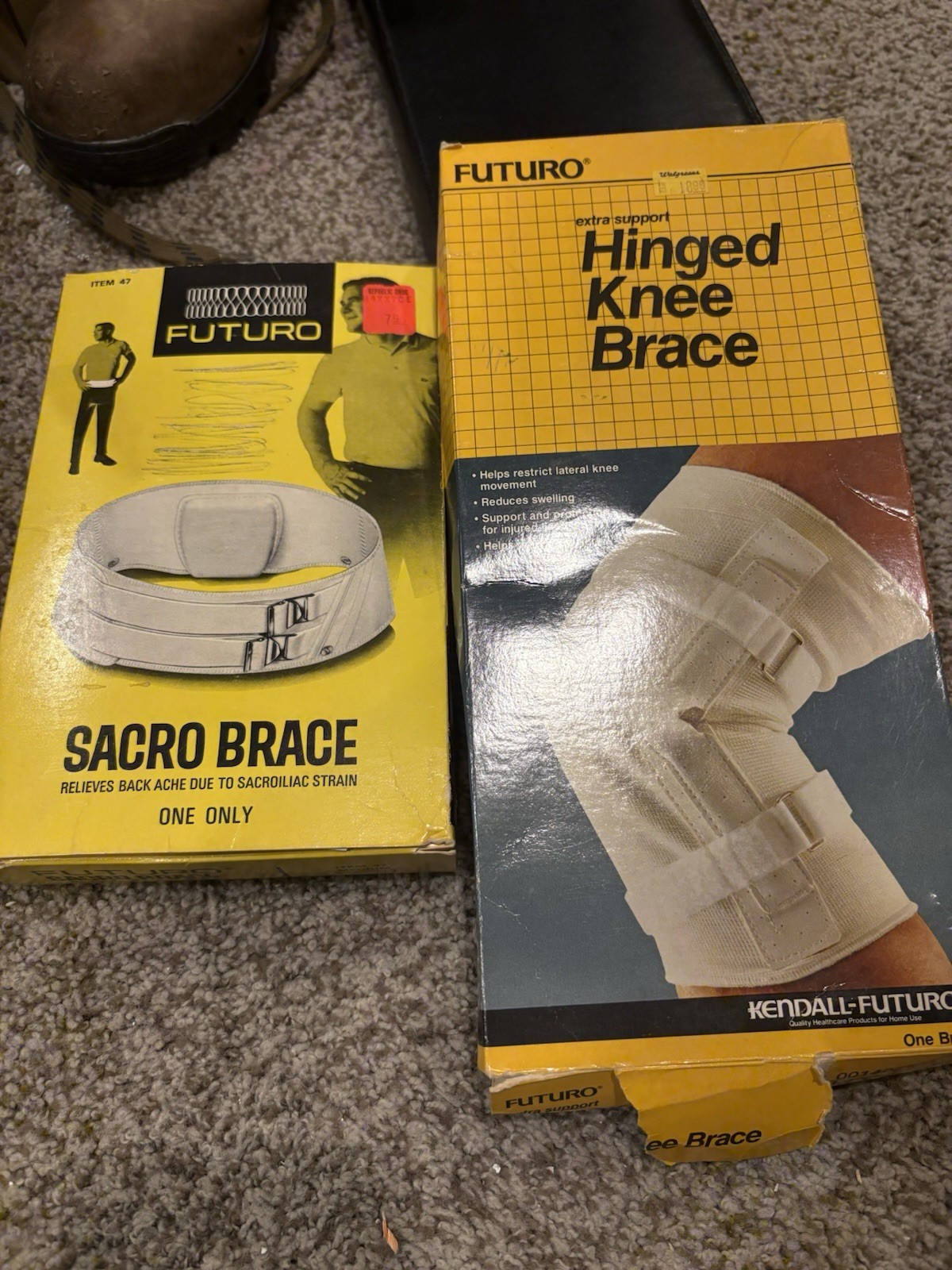 Futuro Back Sacro Brace Shock Absorber Pad Sz M & Hinges Knee Brace L USA Vtg