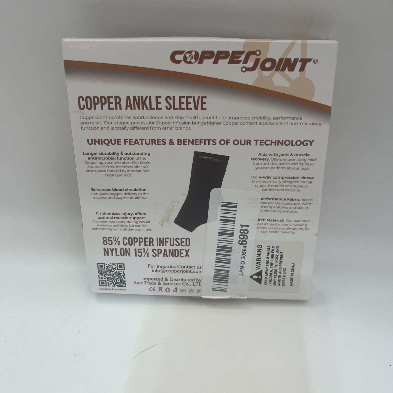 Copper Joint Ankle Sleeve Compression Garment Unisex Small