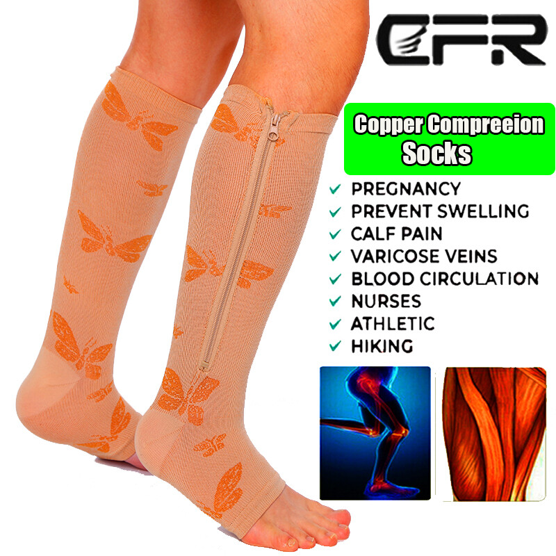 Pair Open Toe Zipper Compression Socks Calf Knee High Graduated Support Stock