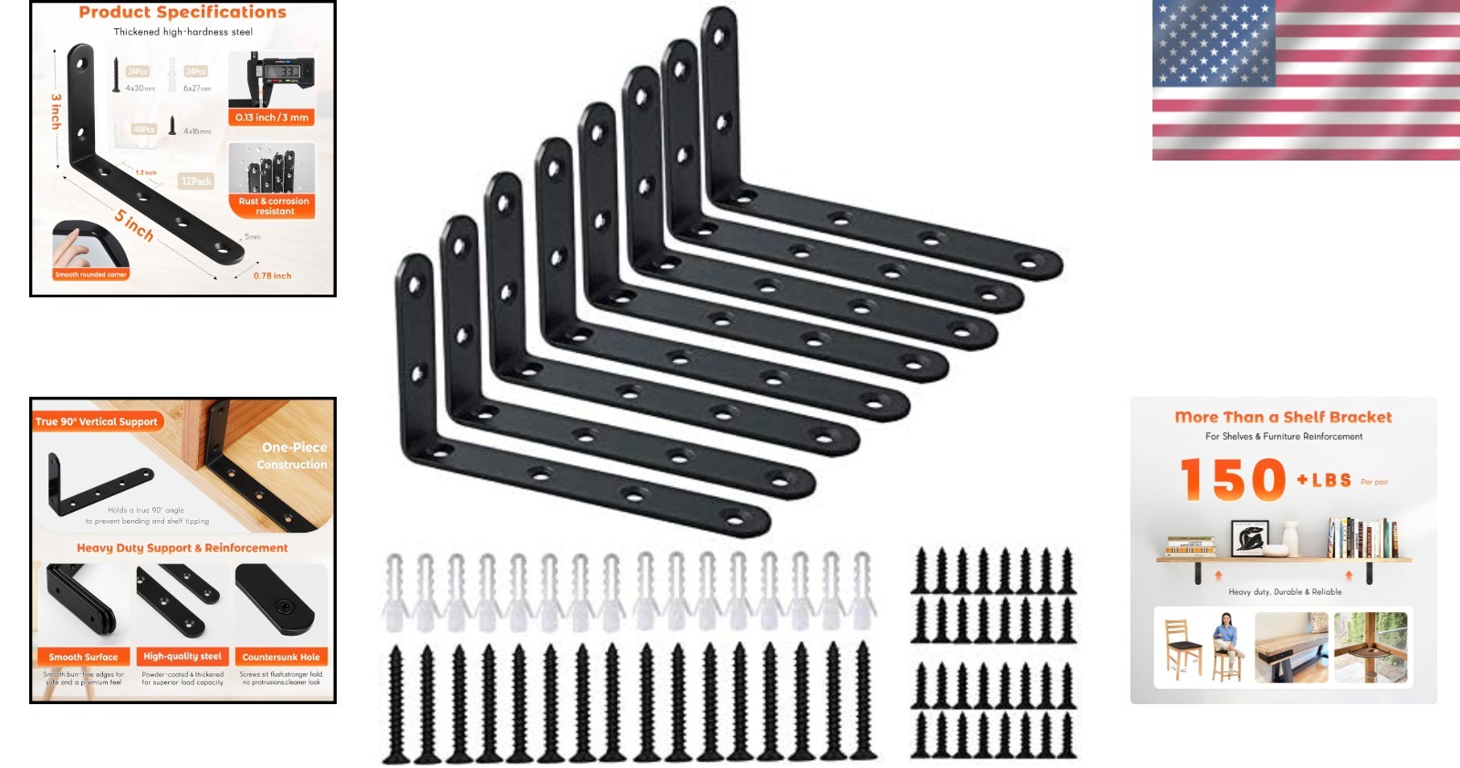 Wall Hanging Bracket 12PCS – Black Steel L Corner