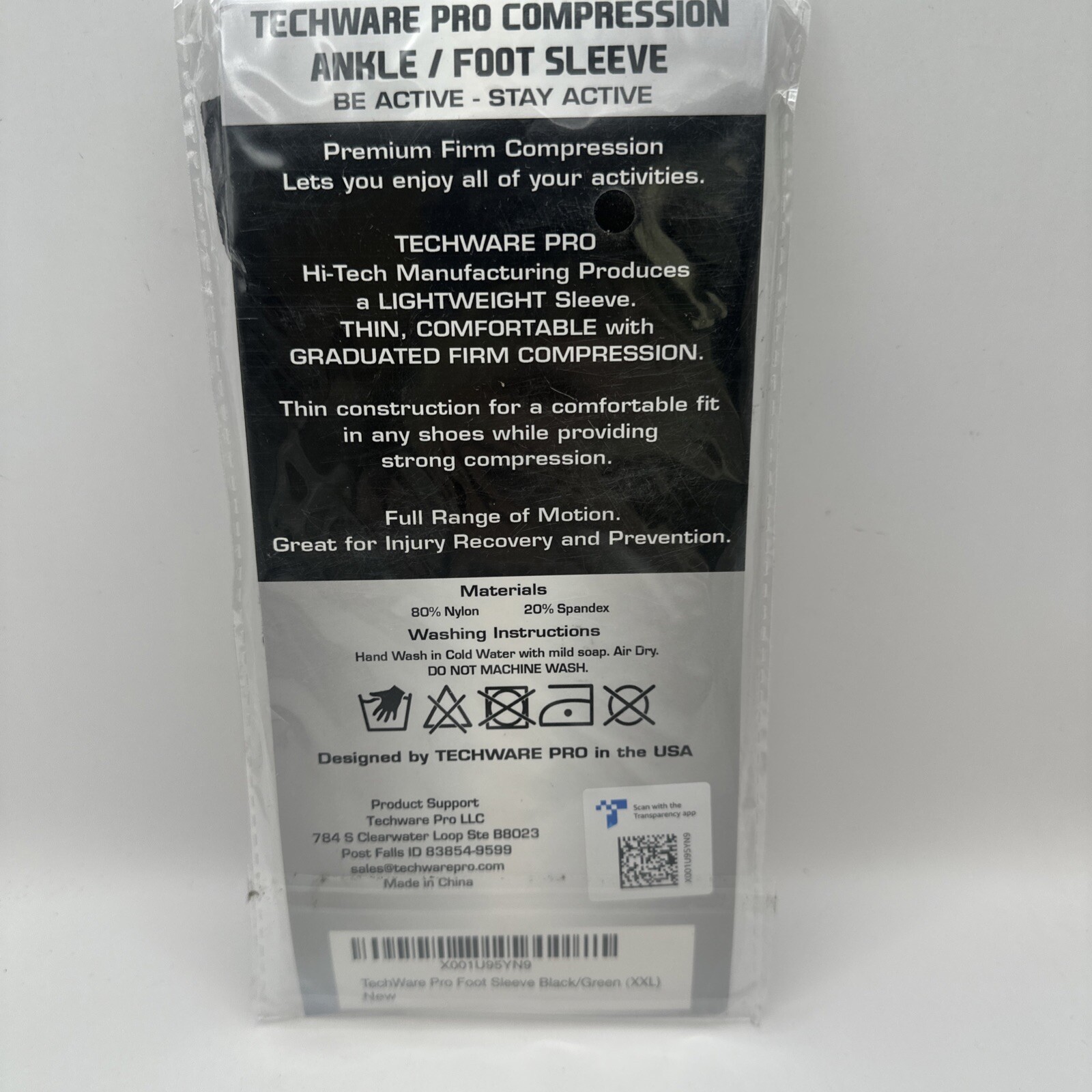TechWare Pro Compression Ankle Foot Sleeve Size XXL Unisex