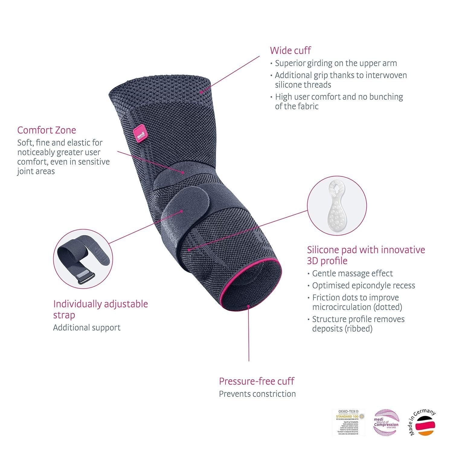 Medi Epicomed Elbow Support w/Accu Pressure Silicone Insert Silver III K400213