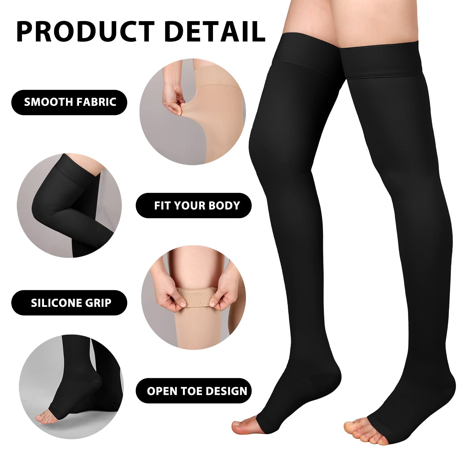Thigh High Compression Stocking for Men & Women, 20-30mmHg, Toeless Compressi…