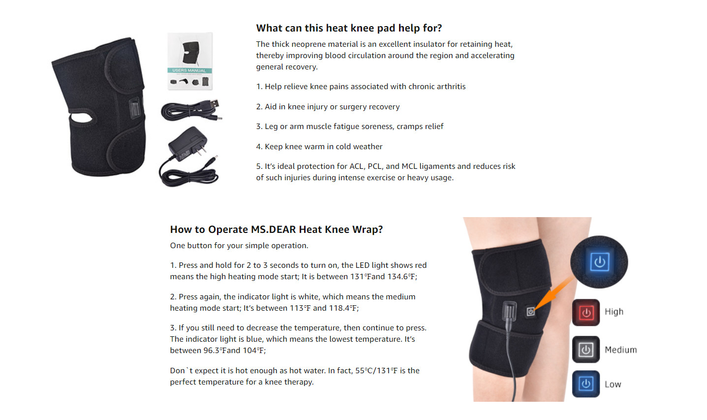 Infrared Heated Knee Brace Support Massager USB Arthritis Pain Relief Therapy