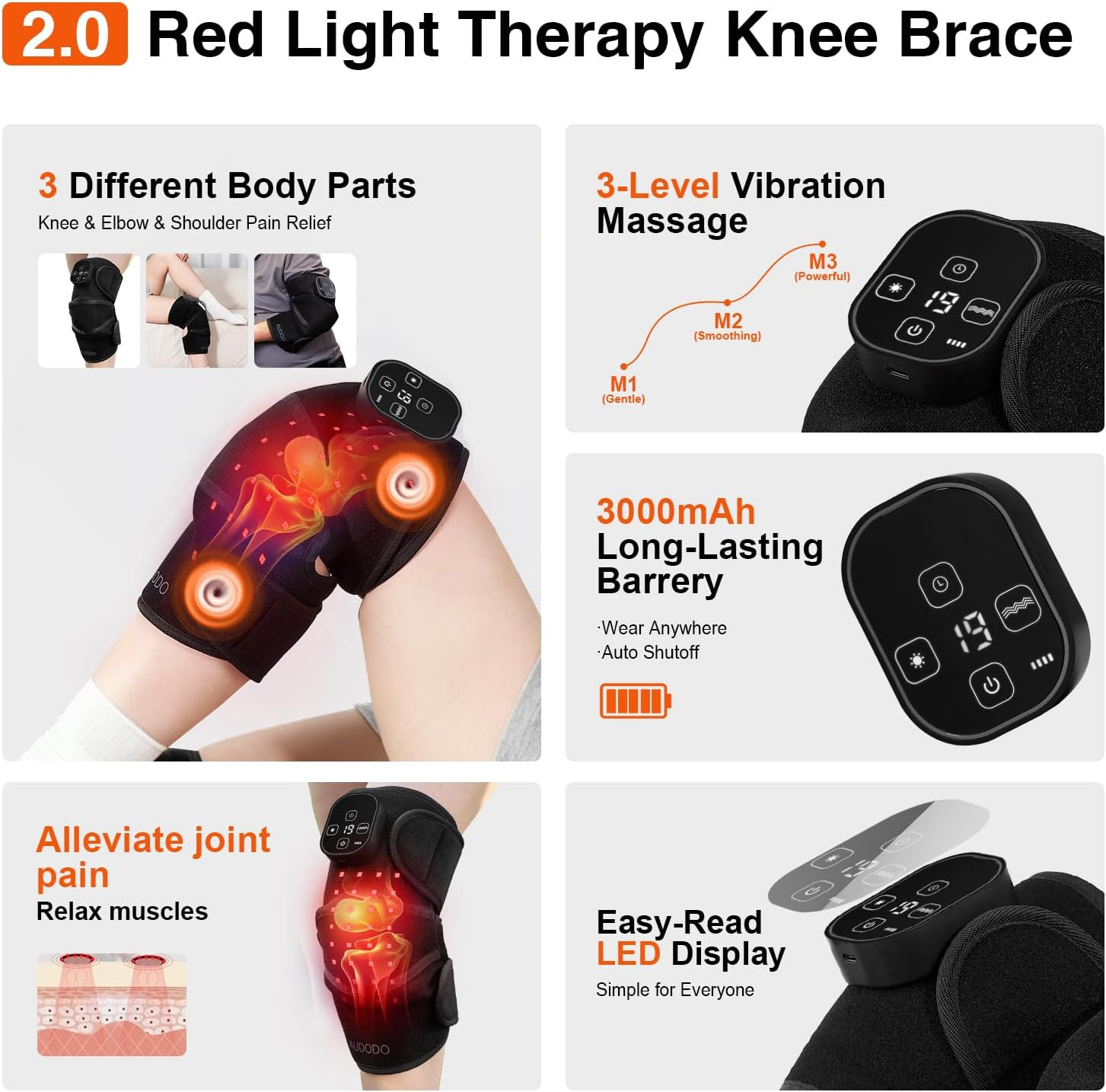 Red Light Knee Brace with Vibration for Pain Relief, Cordless Knee Massager with