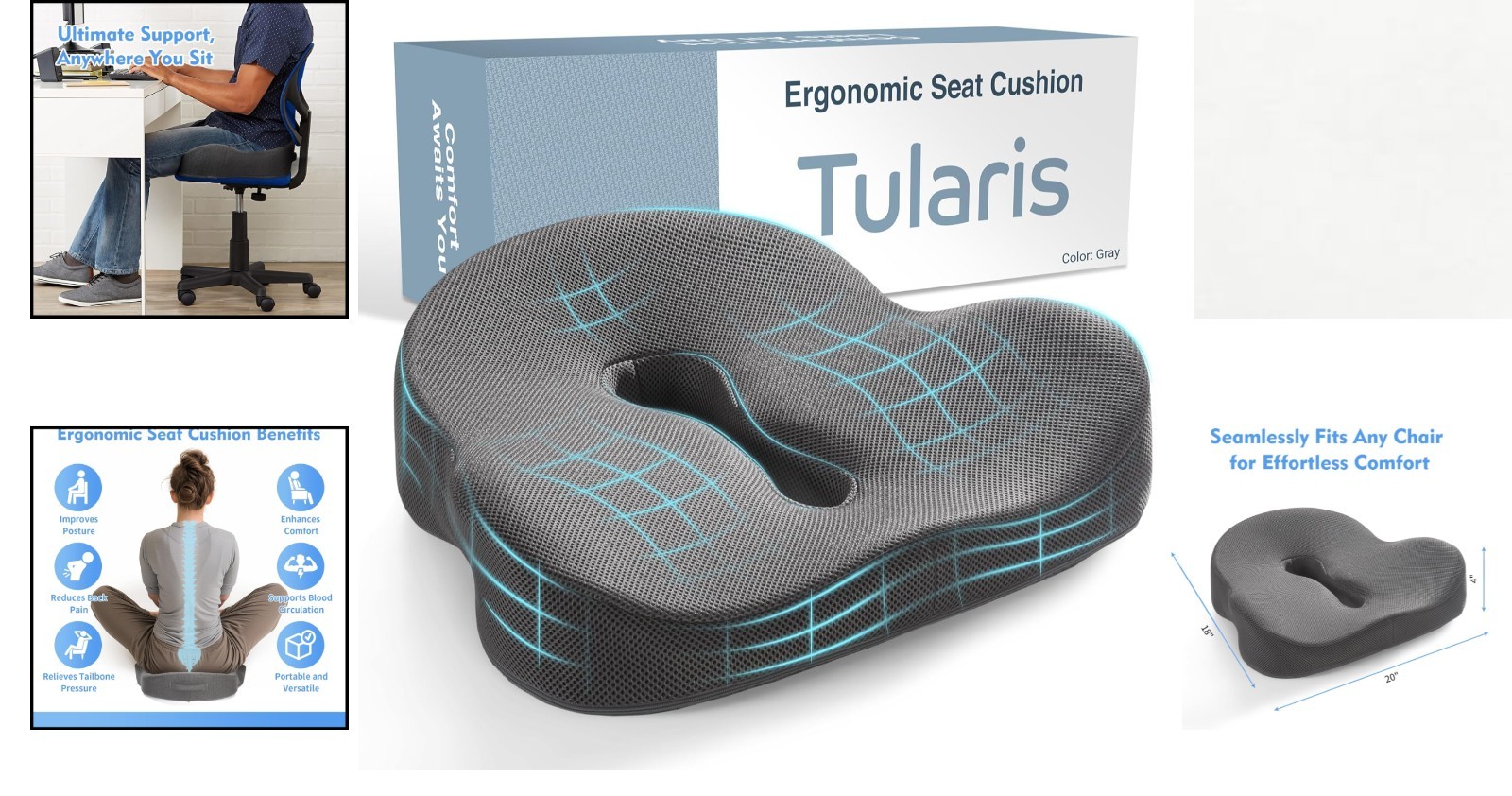 XL Pressure Relief Seat Cushion – Memory Foam Home, Car & Office Chair Cushio…