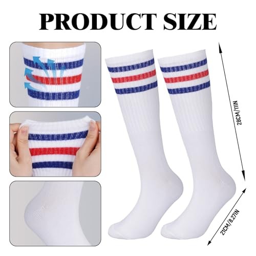 White Striped Socks, 80s Knee High Socks, Long Tube Sock with Red/White/Blue