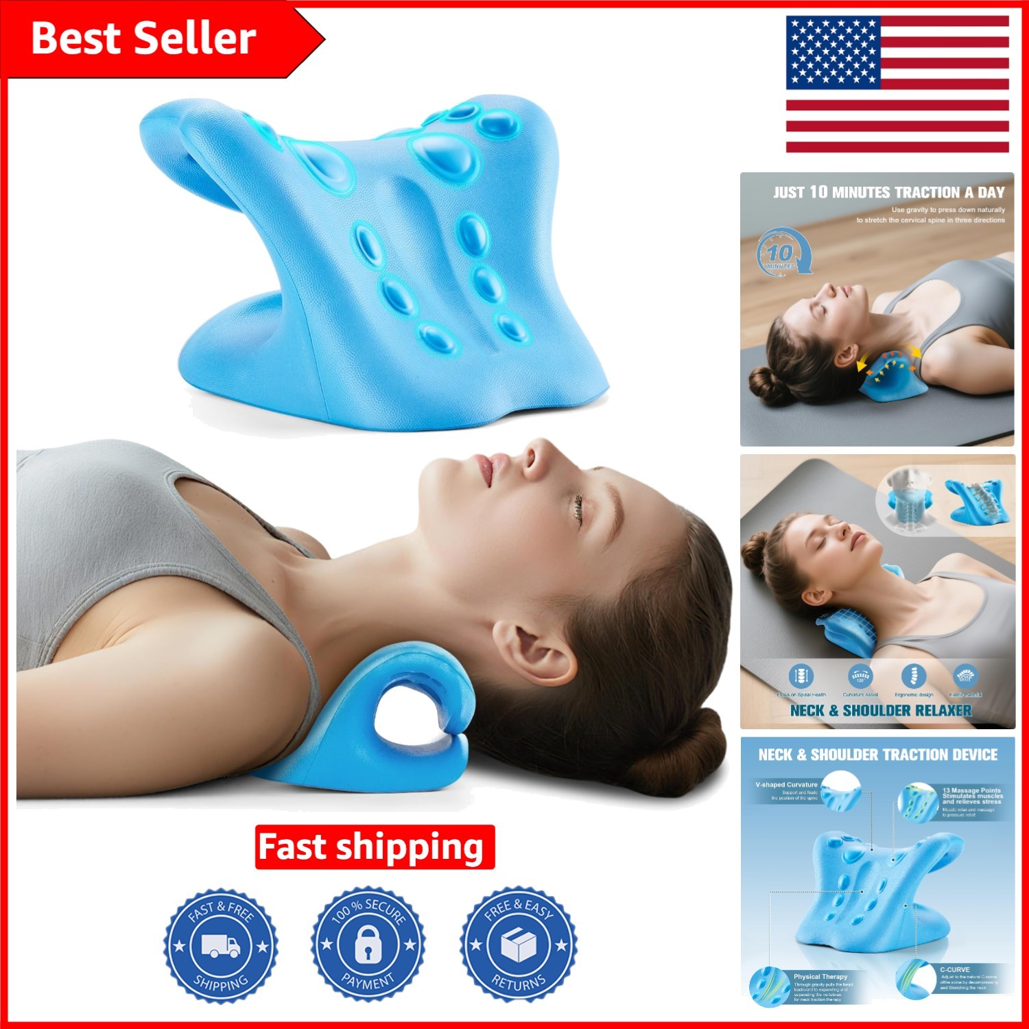 Cervical Traction Pillow for Neck Pain & Stress Relief – Blue Comfort Solution