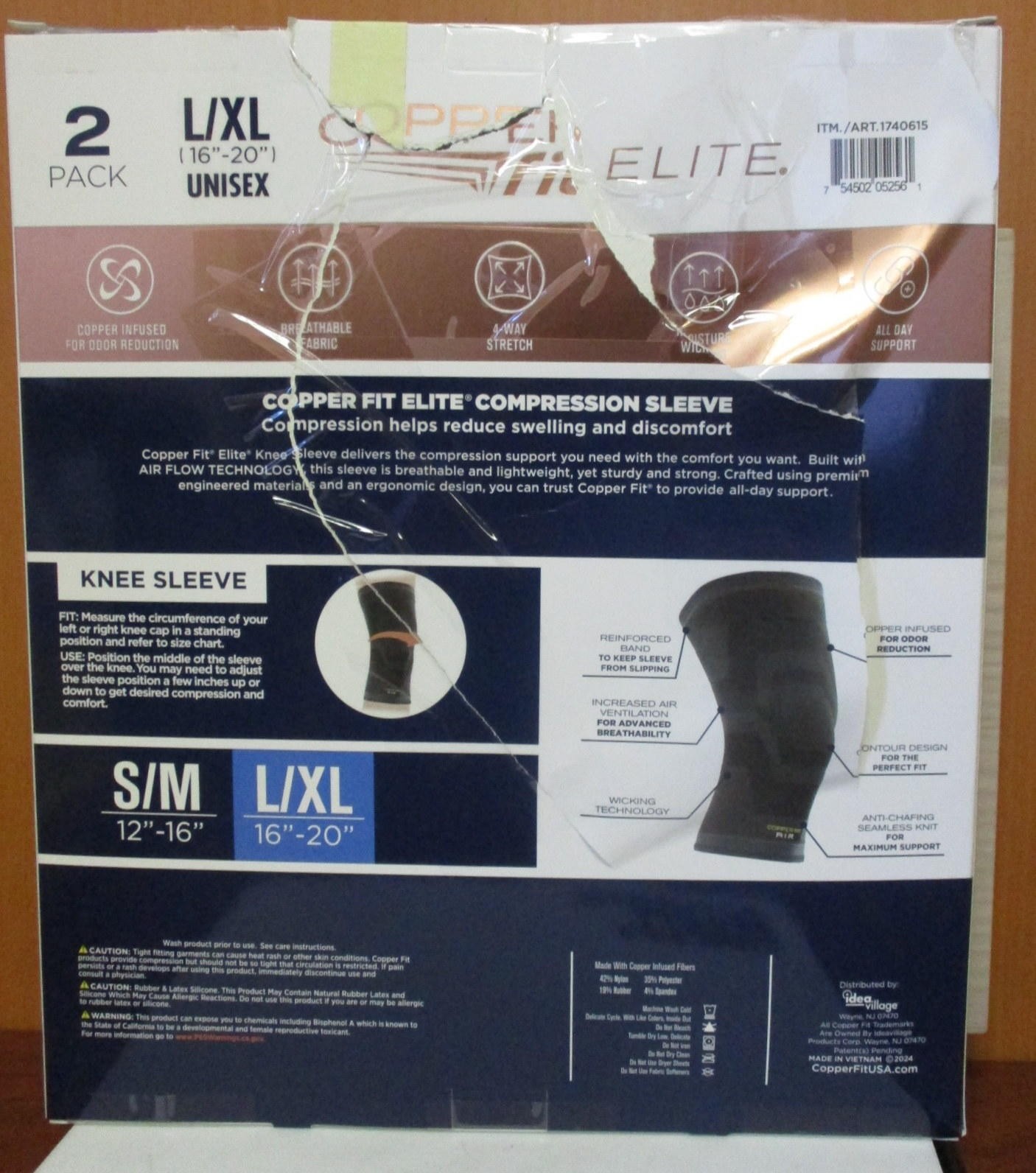 Elite Copper Fit Knee Compression Sleeve Flexible L/XL 16”-20” 2 Pack Open Box