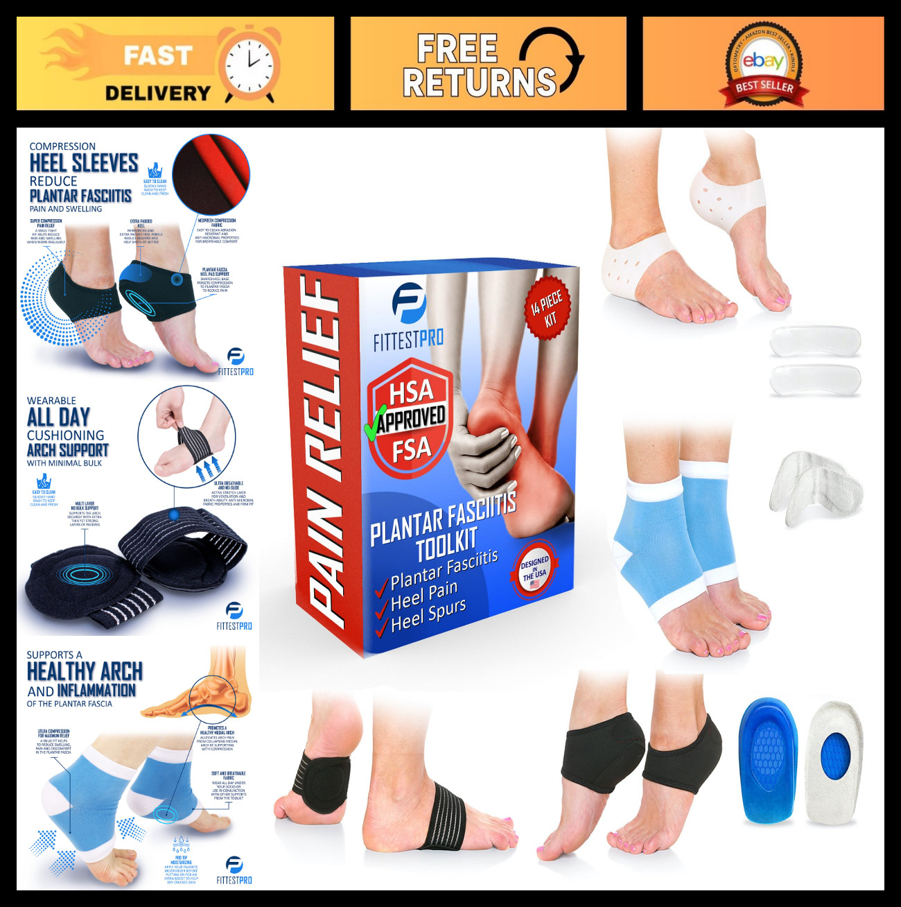 Plantar Fasciitis Relief Kit – 14-Piece Support Set with Gel Inserts, Compressio